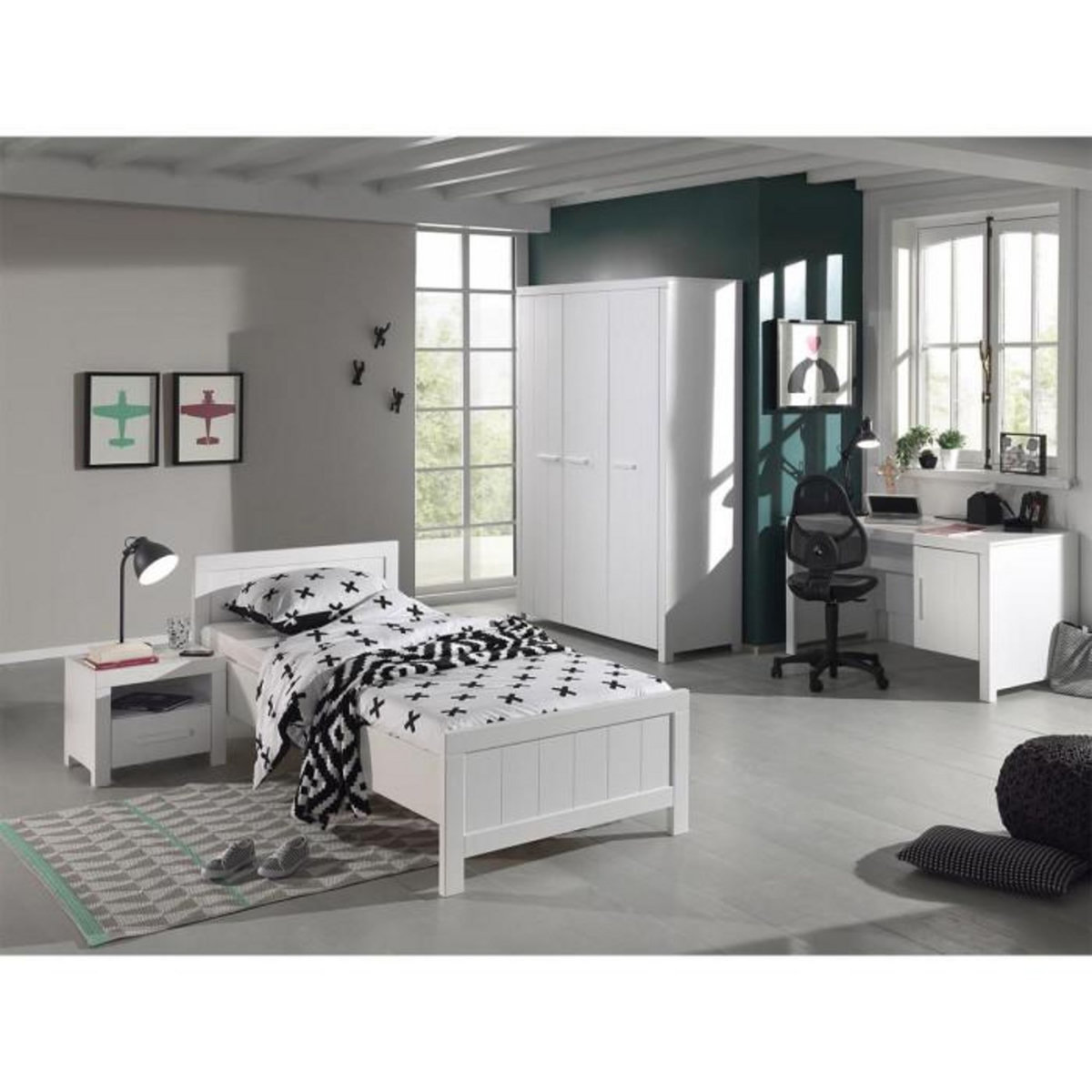 Paris Prix Pack - Lit Enfant, Chevet, Armoire & Bureau  Erik  Blanc