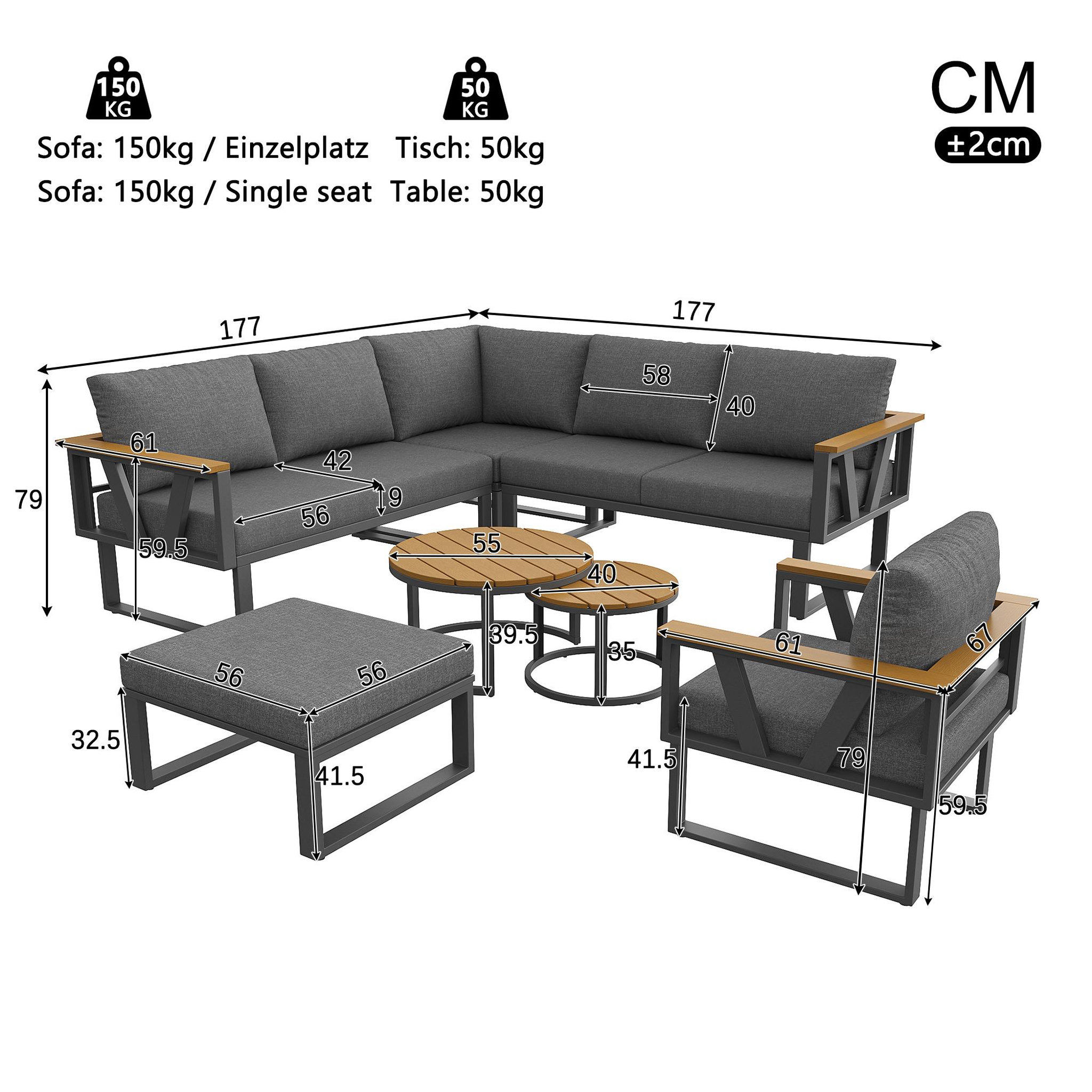 Voir la diapositive 3 : MERAX Salon de jardin 6 places en métal avec canapé d'angle, 2 tables basses en bois, fauteuils et coussins
