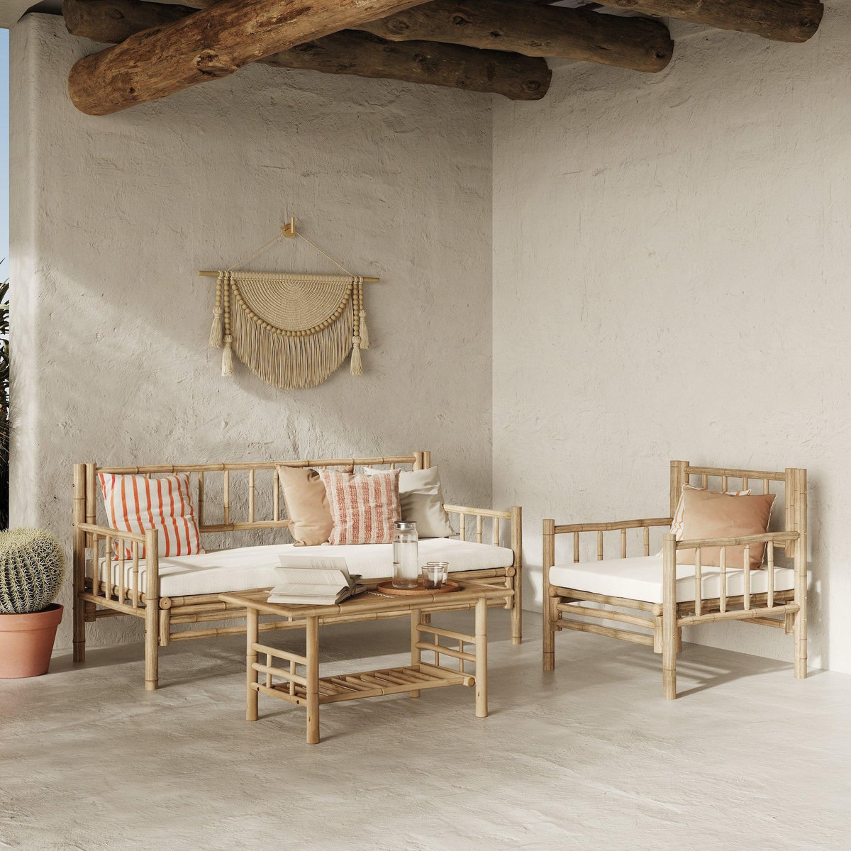 Rendez vous déco Salon de jardin blanc en bambou avec canapé, fauteuil et table basse-Vadella