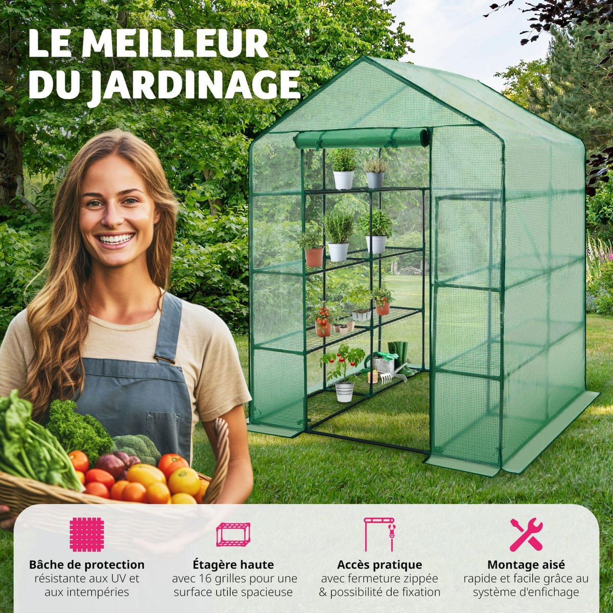 tectake Serre de jardin souple 3,6 m³ avec 16 étagères vert