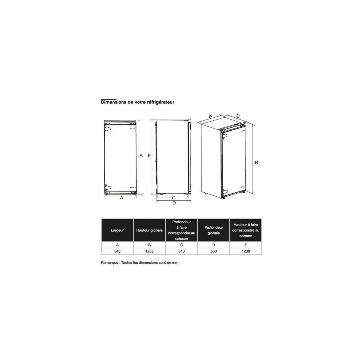 ESSENTIEL B Réfrigérateur 1 porte encastrable ERFI125-55miB1