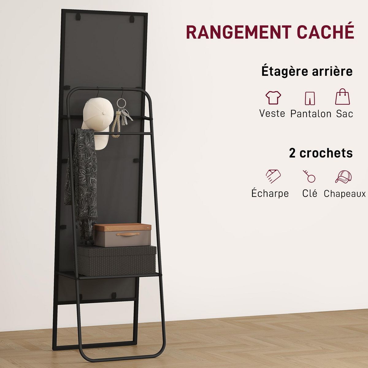 HOMCOM Miroir sur pied avec rangements grande taille dim. 148,5 x 40 cm métal noir