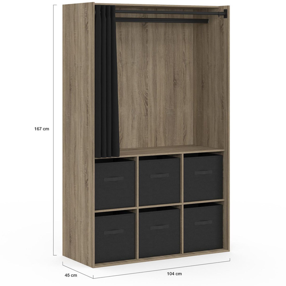 ID MARKET Dressing penderie DIANE 104 x 50 x 172 cm hêtre avec 6 boites de rangement + rideau noir