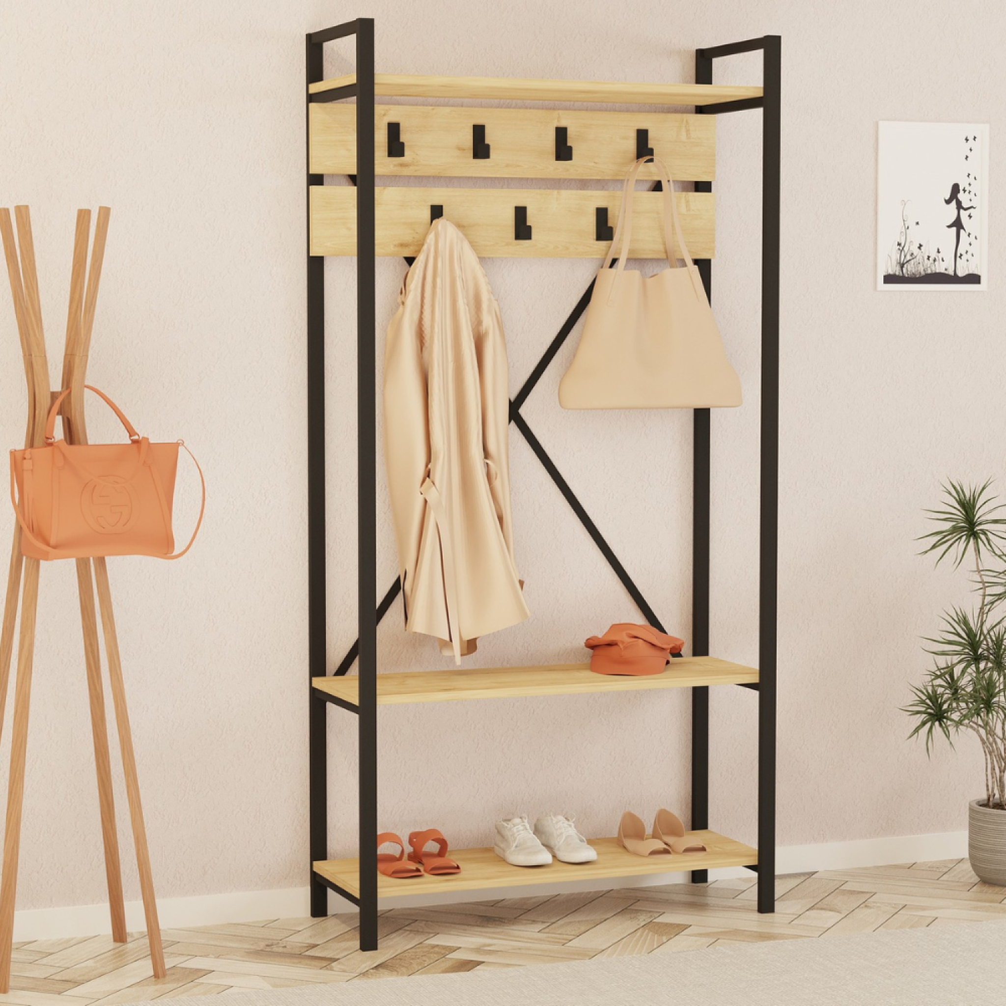Voir la diapositive 4 : CONCEPT USINE Meuble d'entrée style industriel avec étagères et porte-manteaux LUBIN