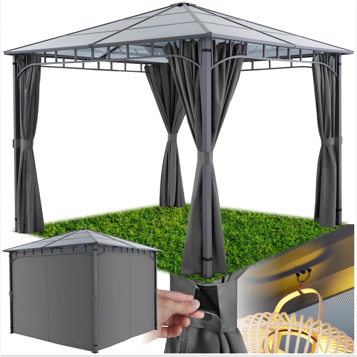 tectake Pavillon de jardin avec cadre en aluminium laqué époxy gris 3 x 3 m