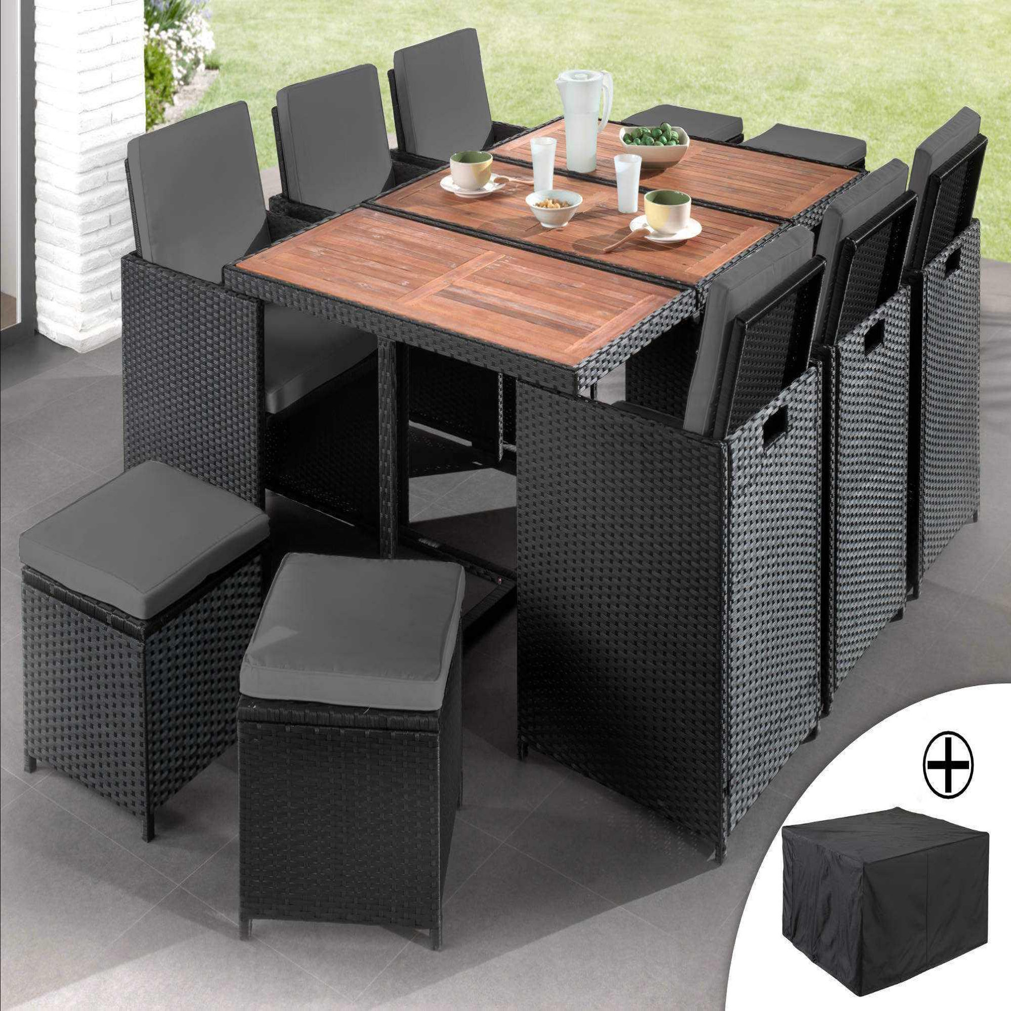 Voir la diapositive 1 : BEST MOBILIER Cuba - salon de jardin encastrable 10 places - en résine tressée - noir avec coussins gris + housse de protection