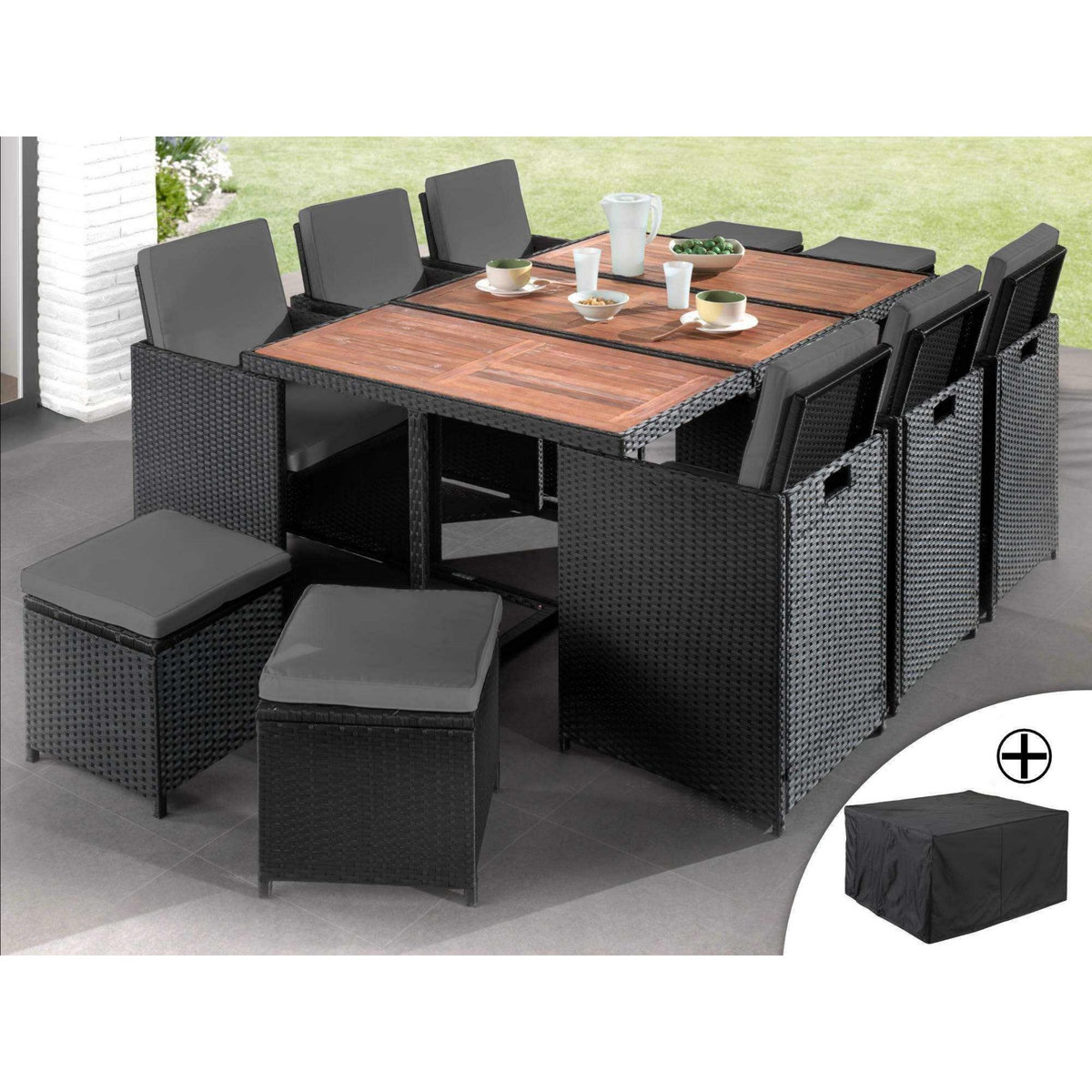 BEST MOBILIER Cuba - salon de jardin encastrable 10 places - en résine tressée - noir avec coussins gris + housse de protection