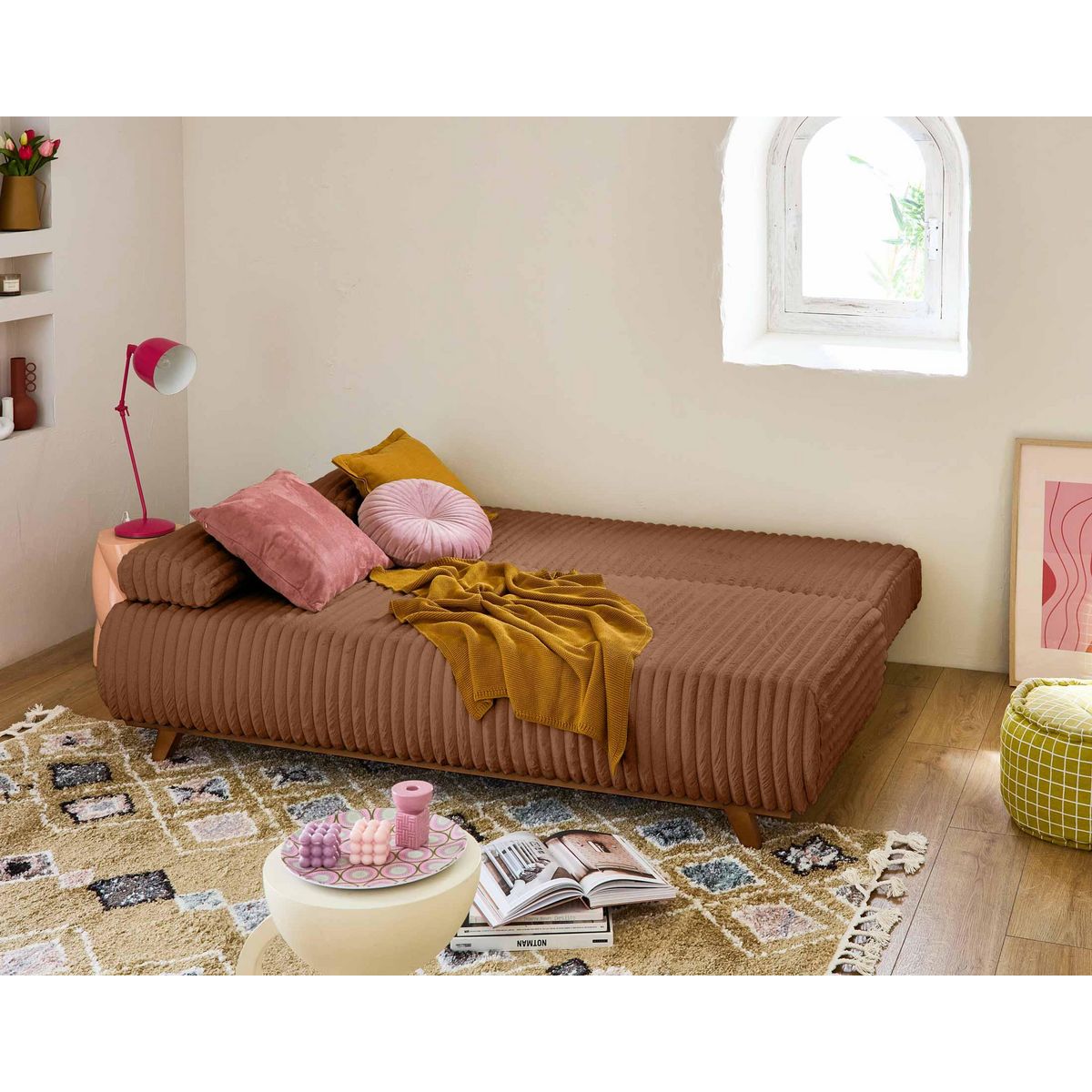 BEST MOBILIER Cristal - canapé 3 places - convertible avec coffre et pouf - en fausse fourrure côtelée