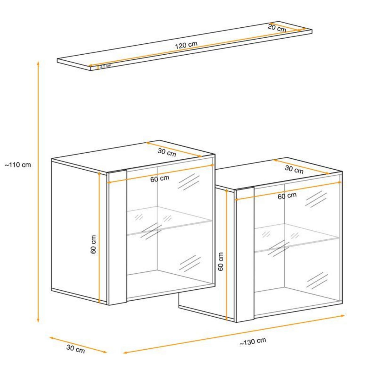 Paris Prix Lot de 2 Vitrines Murales & Étagère  Switch SBIII  130cm Blanc