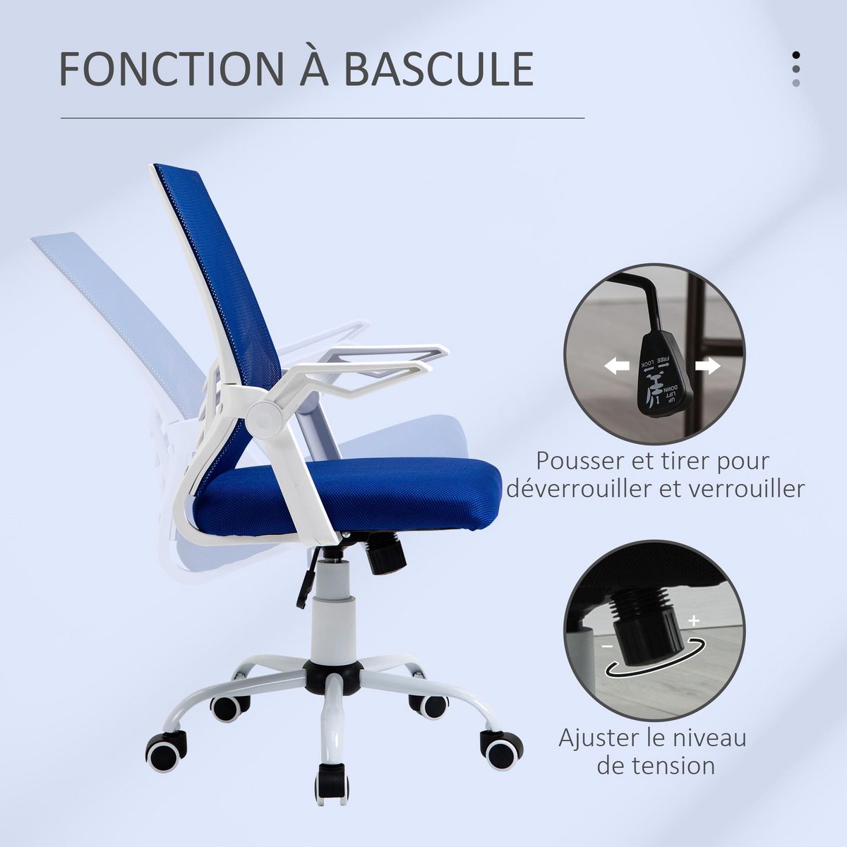 VINSETTO Vinsetto Chaise de bureau ergonomique support lombaires hauteur réglable pivotante 360° accoudoirs relevables polyester maille bleu