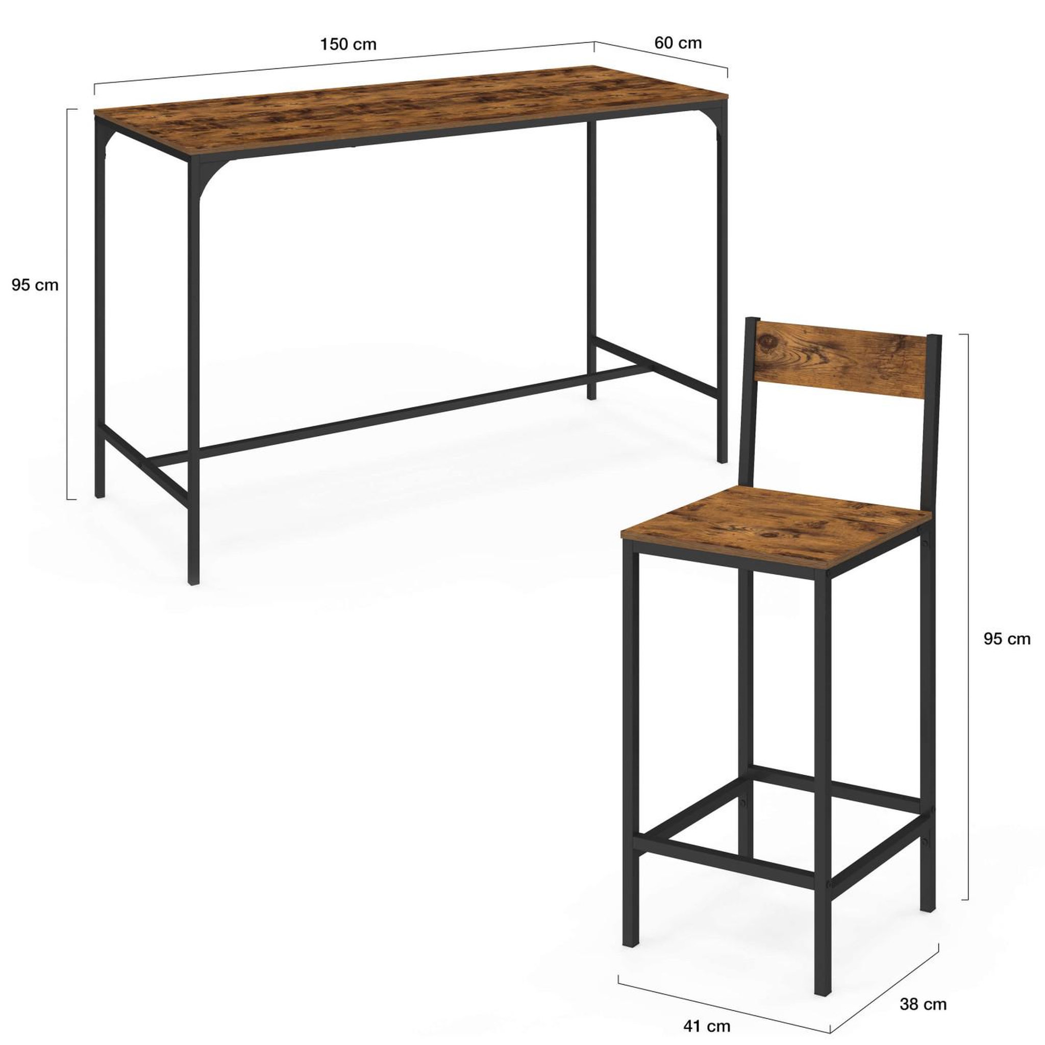 Voir la diapositive 4 : ID MARKET Ensemble table haute de bar dayton 150 cm et 6 tabourets avec dossier effet vieilli design industriel