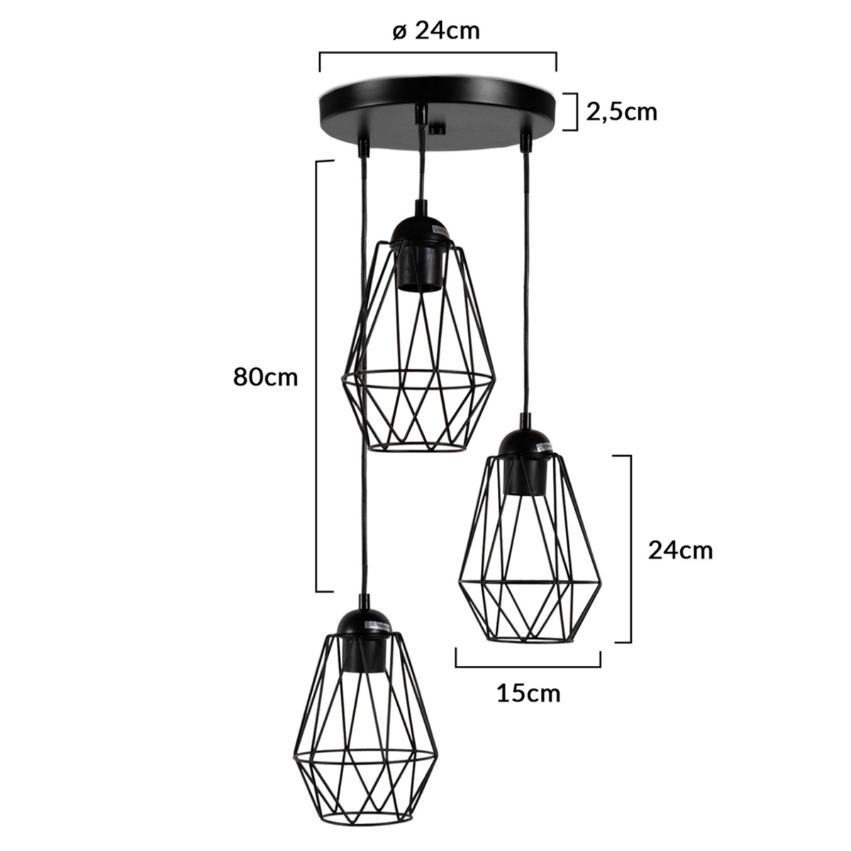 ID MARKET Suspension 3 lampes industrielles forme diamant en métal noir