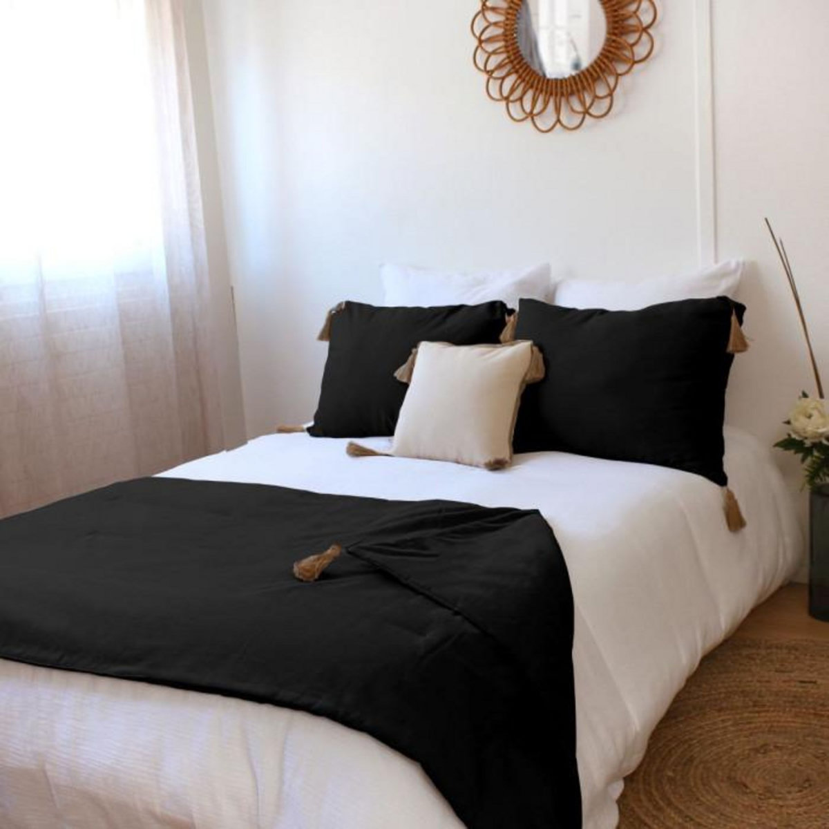 Paris Prix Edredon Uni à Pompons  Panama  90x190cm Noir