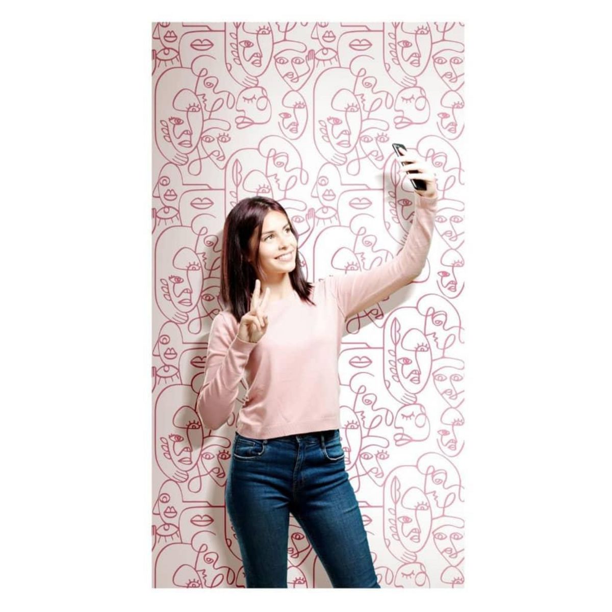 Noordwand Noordwand Papier peint Friends&Coffee Line Art Faces Blanc et rose