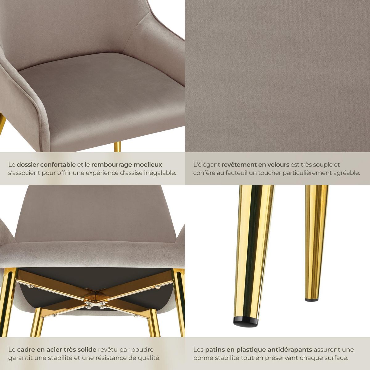 tectake Chaise rembourrée en velours rembourré taupe Lot de 6