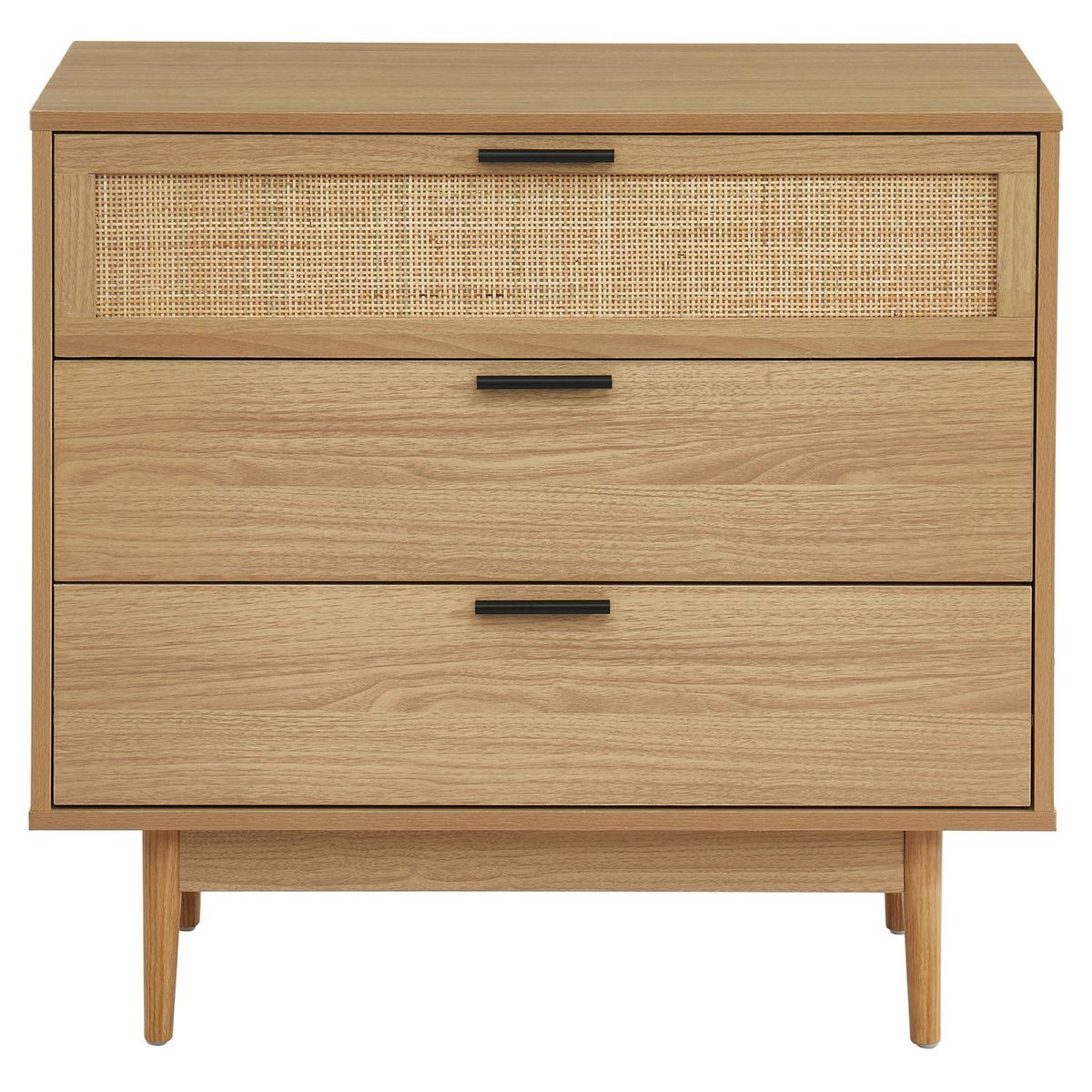 Commode 3 Tiroirs Cannage Naturel- Décor Imitation Bois L80cm AMANDINE
