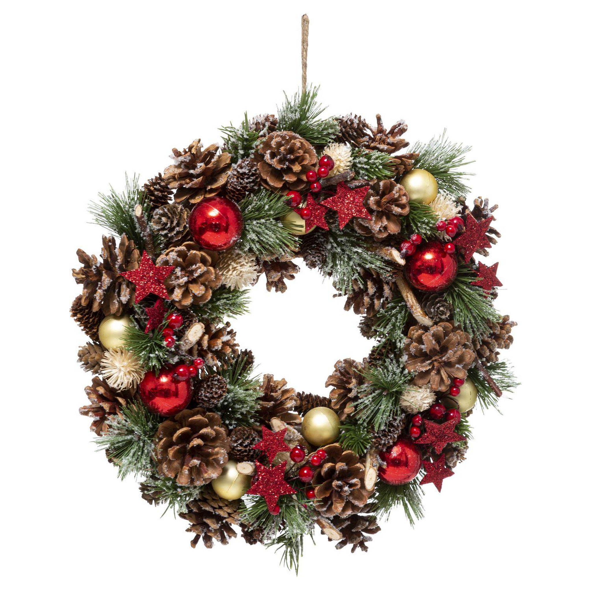 FEERIC LIGHT & CHRISTMAS Couronne de Noël houx et étoiles à suspendre - D. 35 cm - Rouge et vert