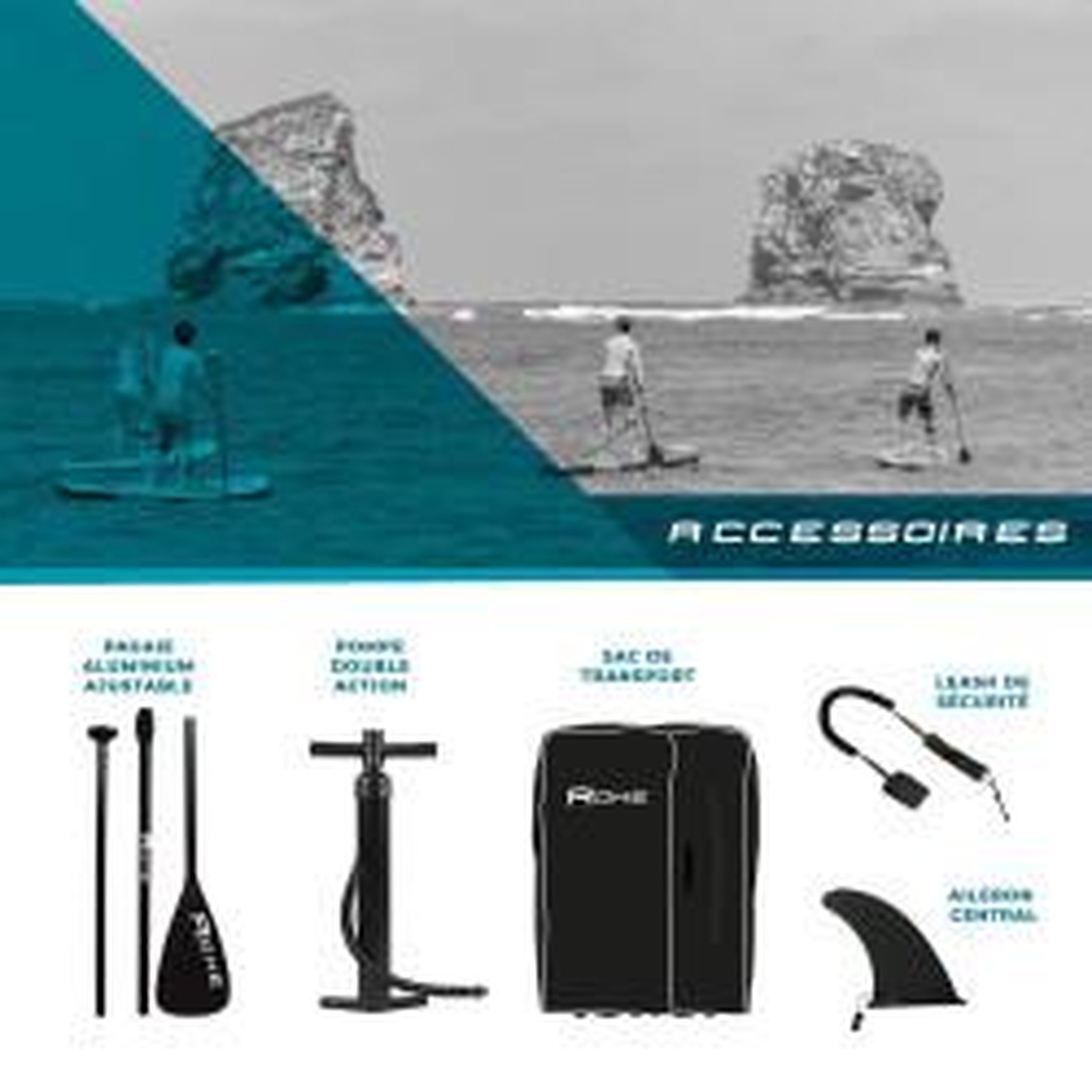 Voir la diapositive 4 : ROHE Stand Up Paddle Gonflable PACIFIC ROHE - 10'6'' (320cm) 30'' (76cm) 6'' (15cm) avec Pompe, Pagaie, Leash et Sac de transport