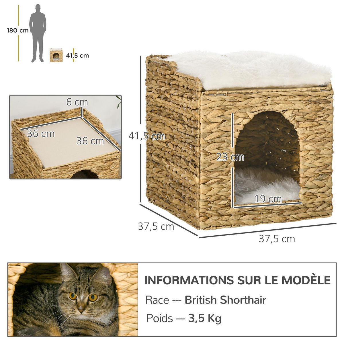 PAWHUT Panier chat lit chat cosy grand confort dim. Ø 37 x 41H cm coussins doux inclus jacinthe d'eau