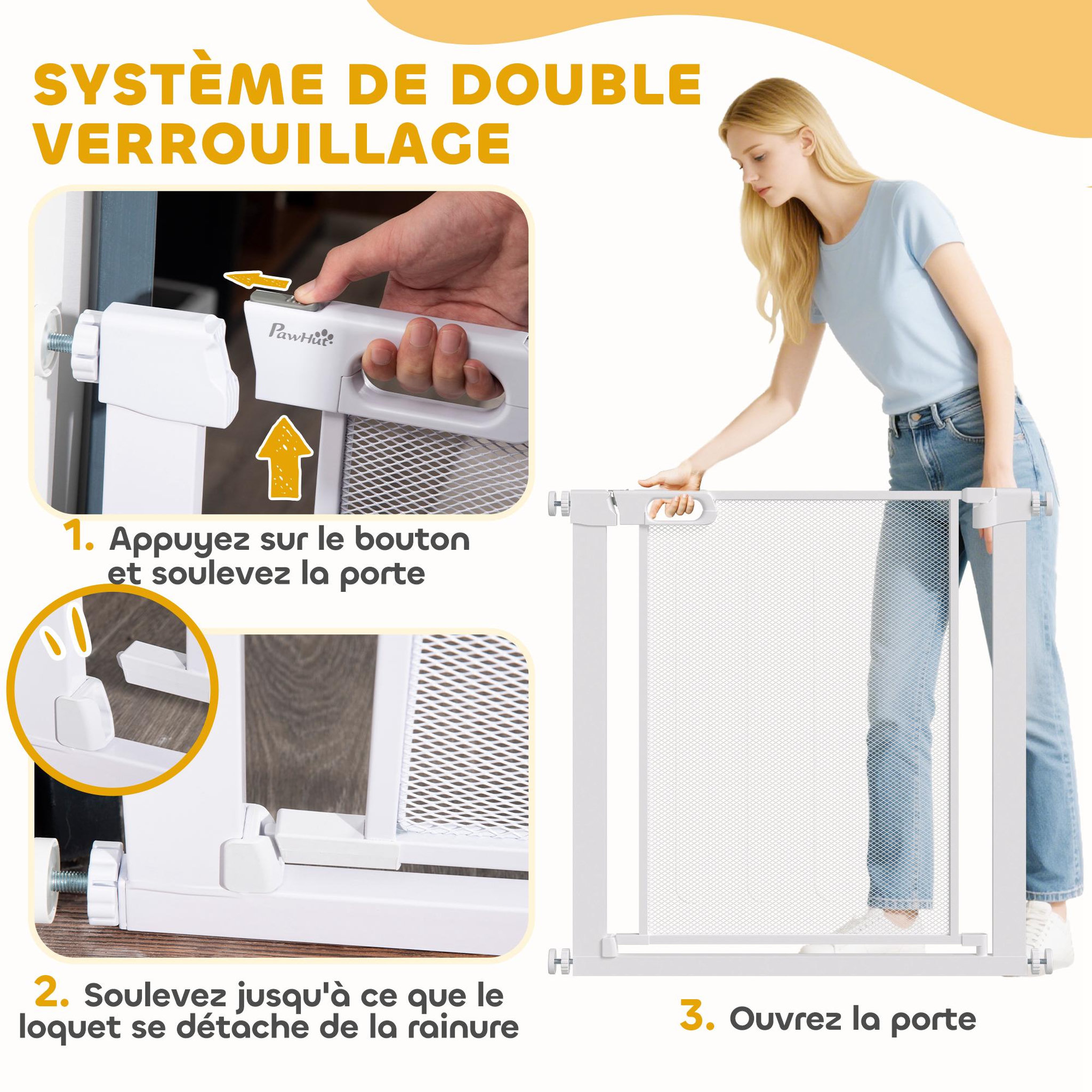 Voir la diapositive 5 : PAWHUT Barrière de sécurité animaux - longueur réglable dim. 75-82 cm - porte double verrouillage, ouverture double sens -sans perçage - acier abs blanc