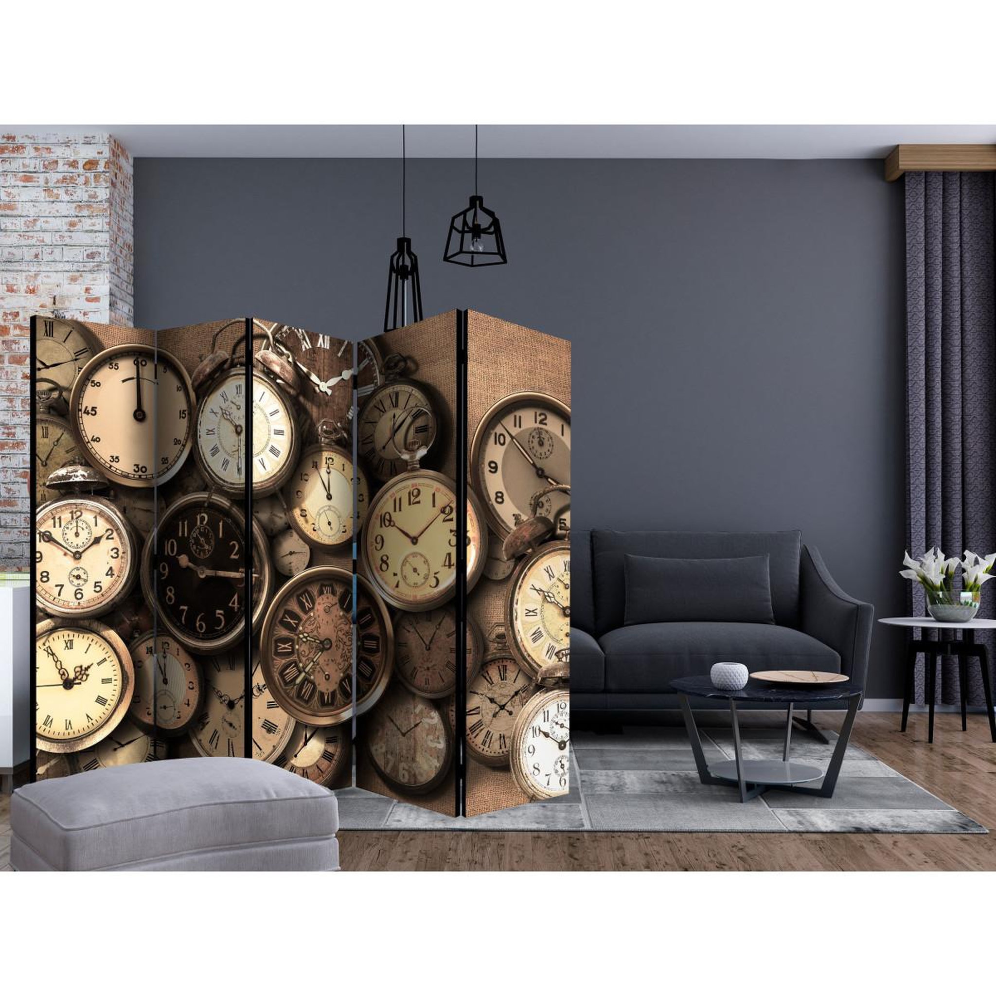 Voir la diapositive 2 : Paris Prix Paravent 5 volets  old clocks  172x225cm