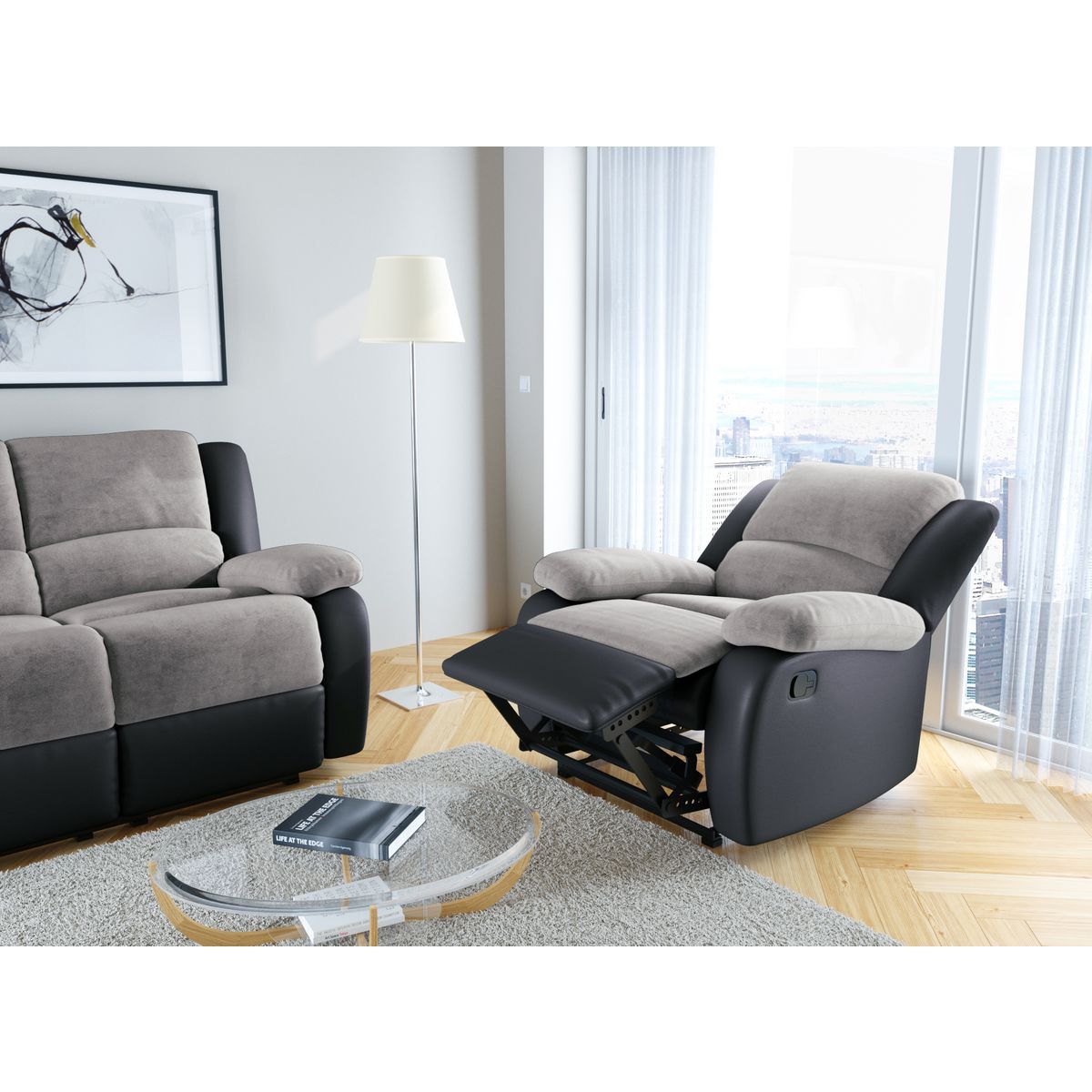 Fauteuil relax manuel HELENE tissu+ pu coloris gris et noir