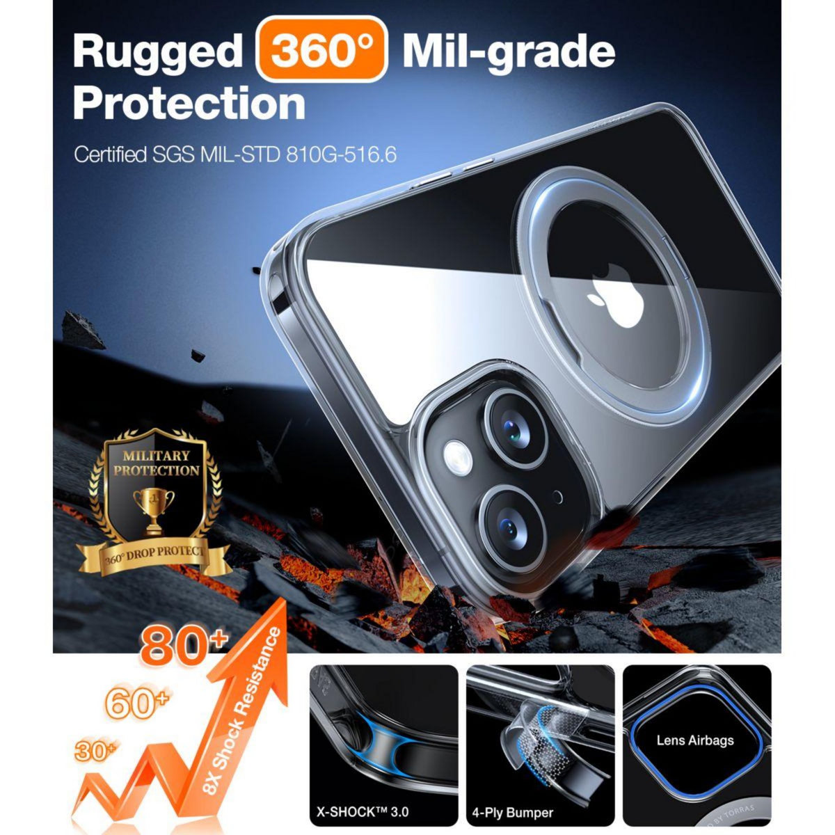 TORRAS Coque intégrale iPhone 15 Plus MagSafe + support rotatif