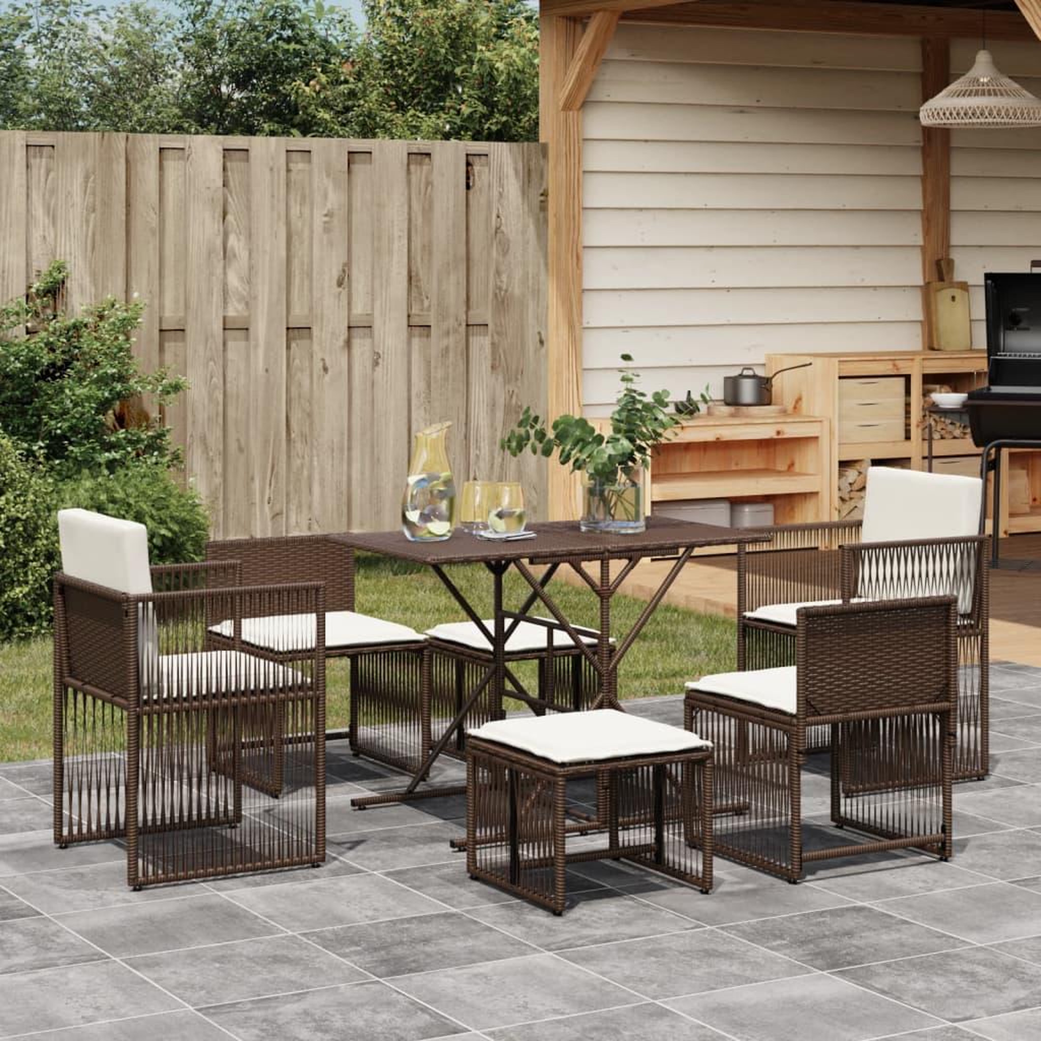 VIDAXL Ensemble a manger de jardin et coussins 7 pcs marron rotin