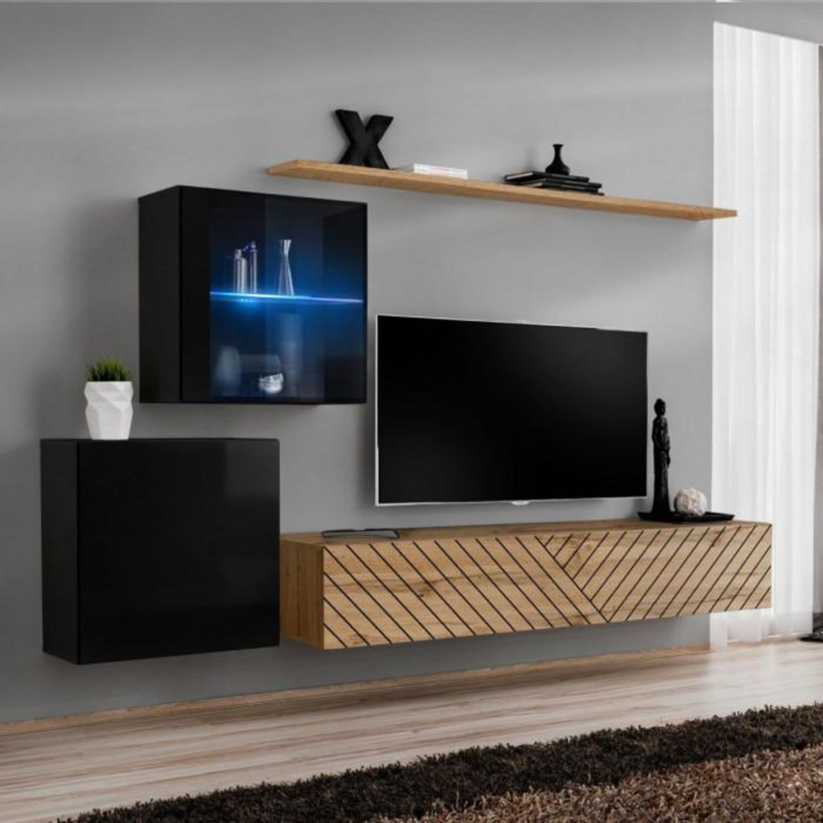 Paris Prix Ensemble Meuble TV  Switch Lamel XV  260cm Naturel & Noir