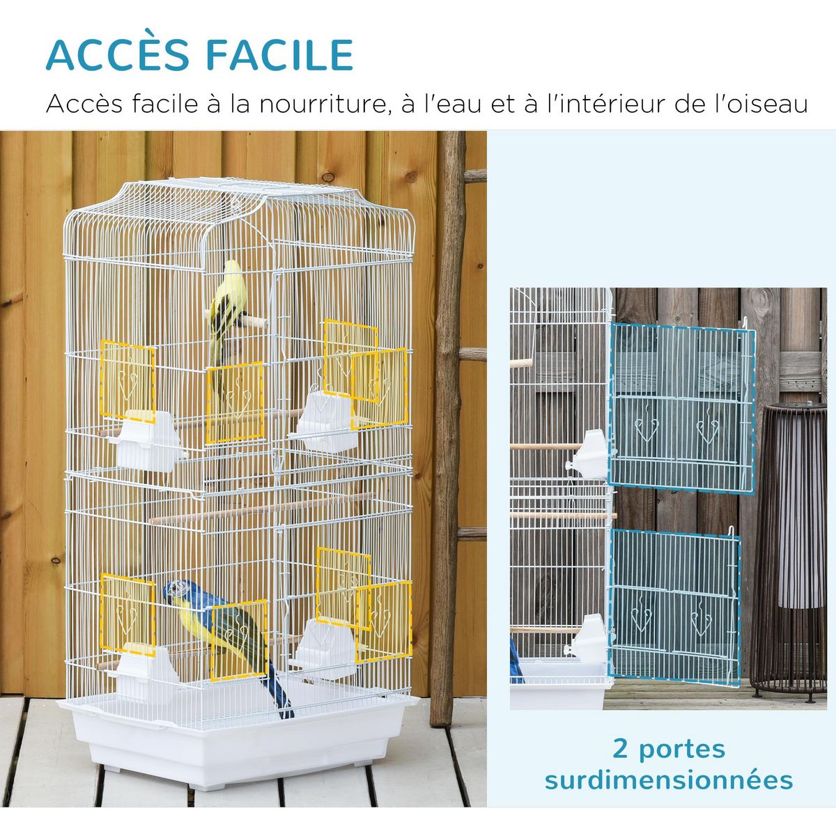 PAWHUT Cage à oiseaux volière avec mangeoires perchoirs plateau amovible 2 portes dim. 46,5L x 35,5l x 92H cm métal blanc