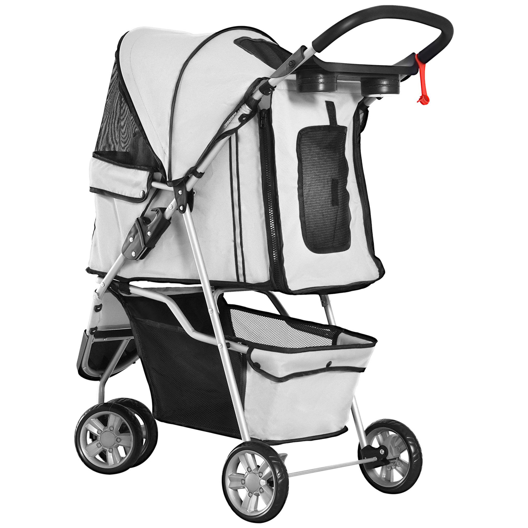 Voir la diapositive 6 : PAWHUT Poussette buggy pliable animaux chariot pliant chien chat porte-gobelet panier de rangement inclus roues avec frein tissu 600d oxford métal gris