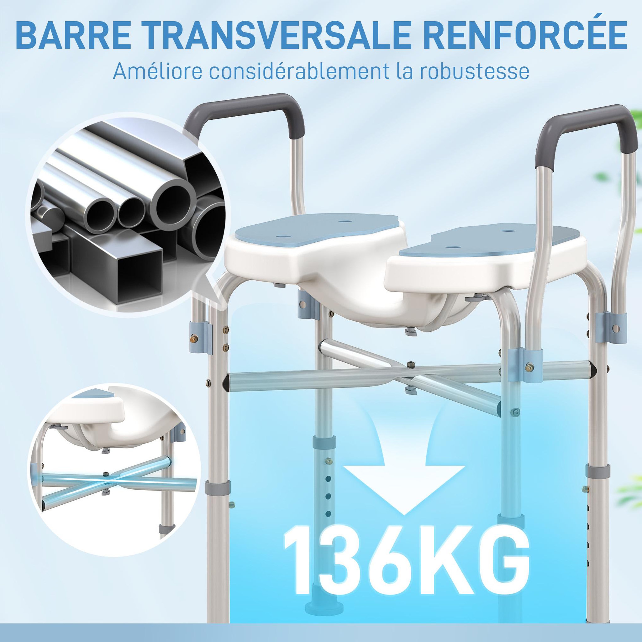 Voir la diapositive 5 : HOMCOM Siège de douche avec accoudoirs hauteur réglable antidérapant alu hdpe bleu balnc gris