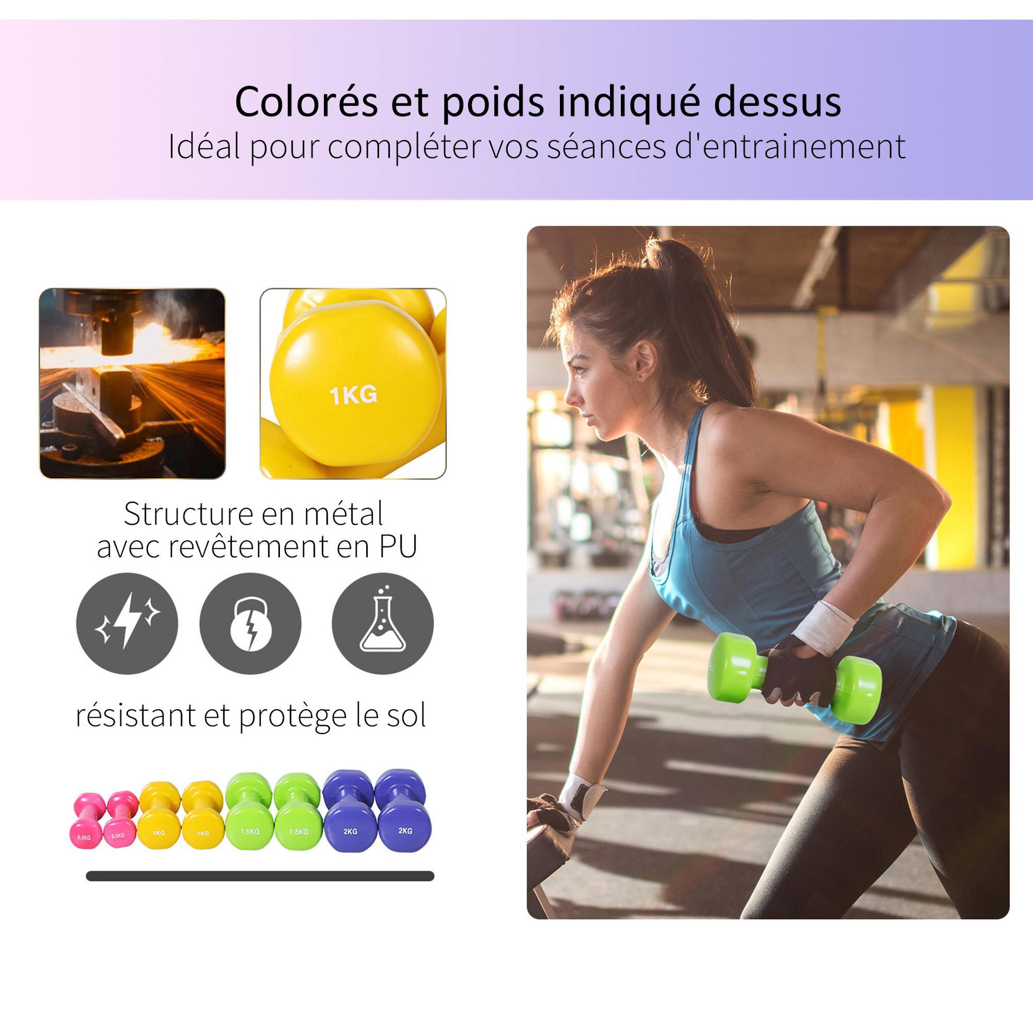 Voir la diapositive 6 : HOMCOM Ensemble d'haltères courtes total 10 kg - paires de 0,5/1/1,5/2 kg avec malette - entraînement musculaire & haltérophilie - métal pu multicolore