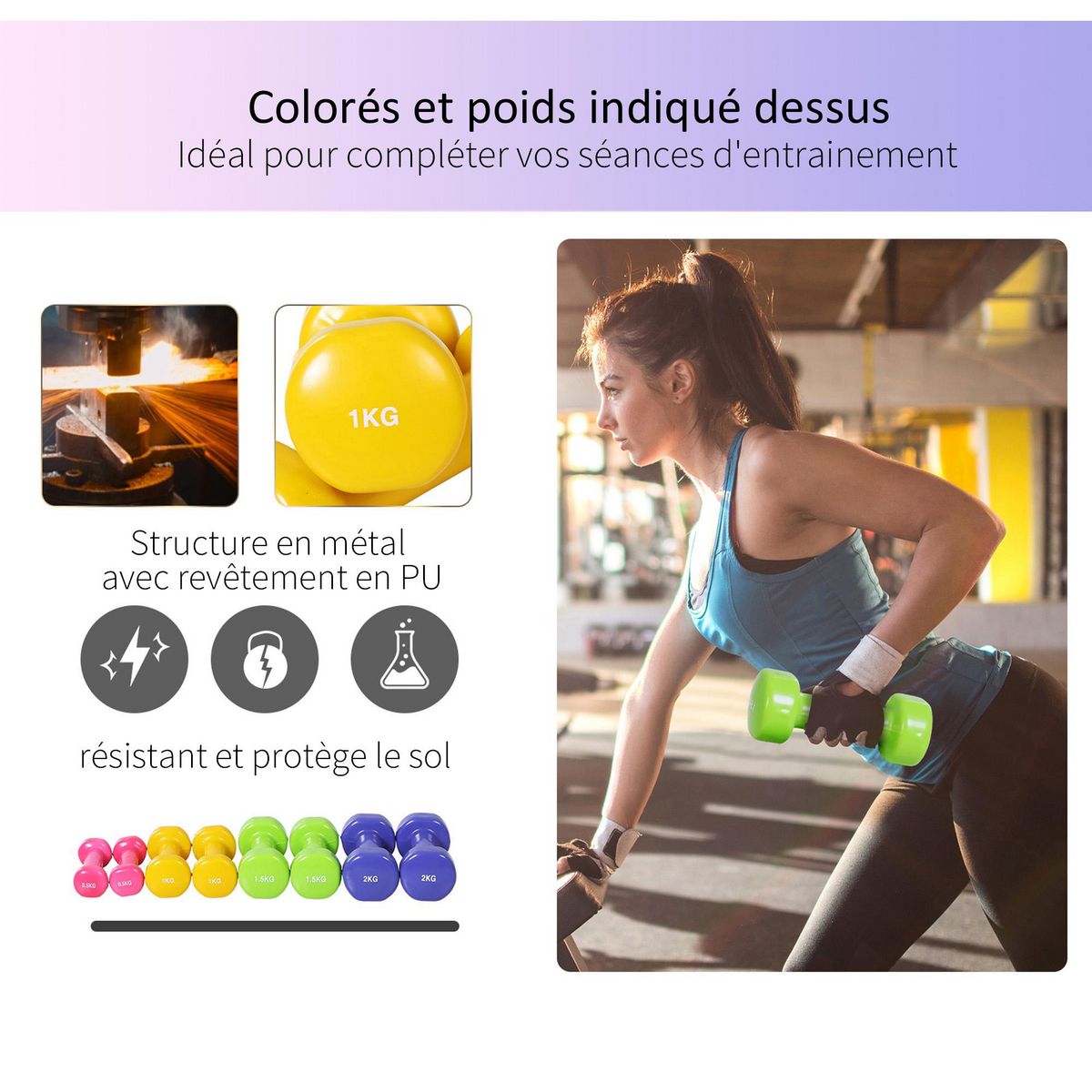 HOMCOM Ensemble d'haltères courtes total 10 Kg - paires de 0,5/1/1,5/2 Kg avec malette - entraînement musculaire & haltérophilie - métal PU multicolore