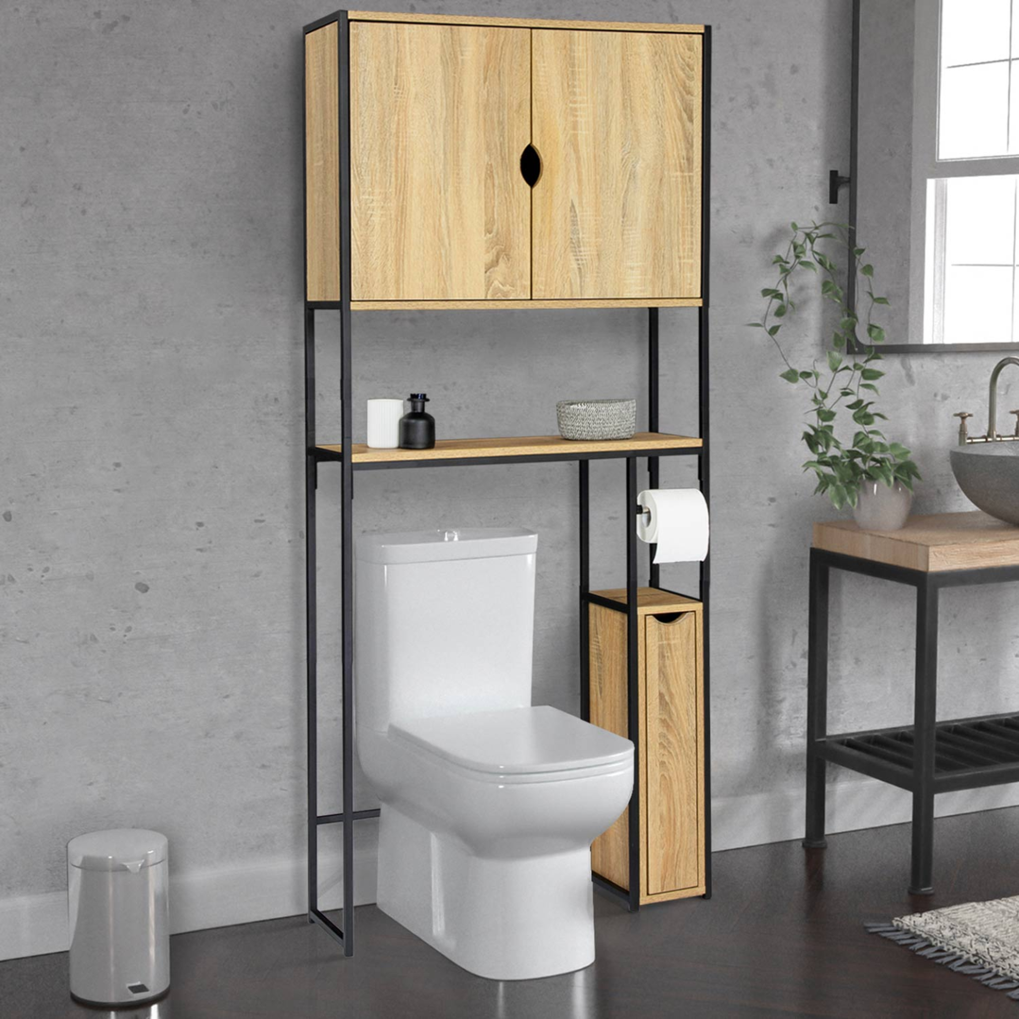 Voir la diapositive 2 : ID MARKET Meuble wc 3 en 1 avec armoires de rangement detroit design industriel