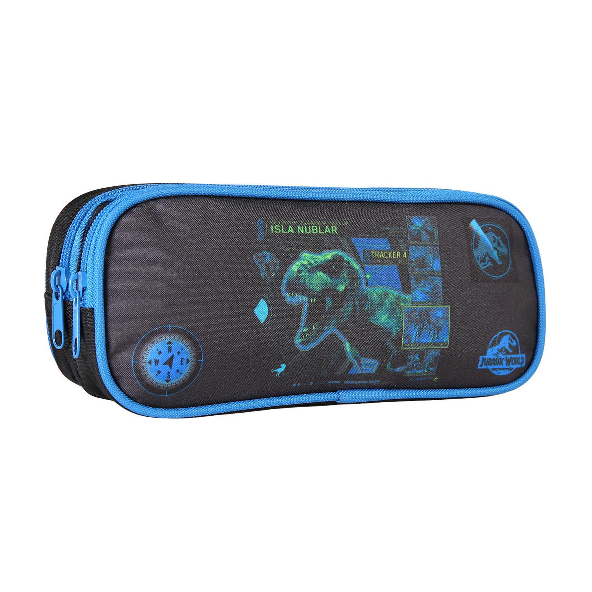 Voir la diapositive 2 : Bagtrotter Bagtrotter - Jurassic World - Trousse Scolaire Rectangulaire - Noir et bleu  - 2 Compartiments Zippés - 23x7x10cm - Matière Polyester - Accessoire et Papeterie Scolaire