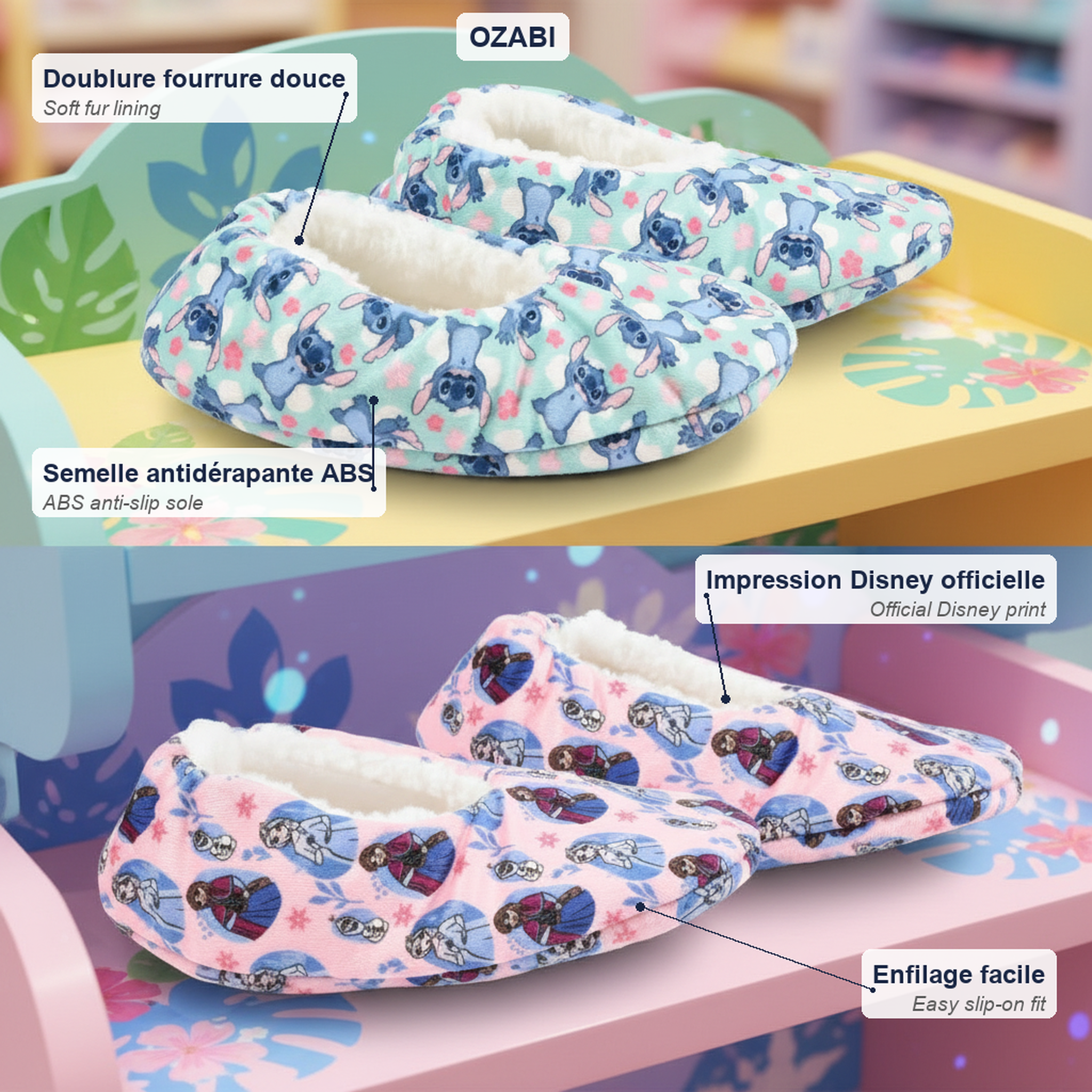 Voir la diapositive 4 : DISNEY Ozabi pack 2 paires chaussons fille disney fourrés antidérapants