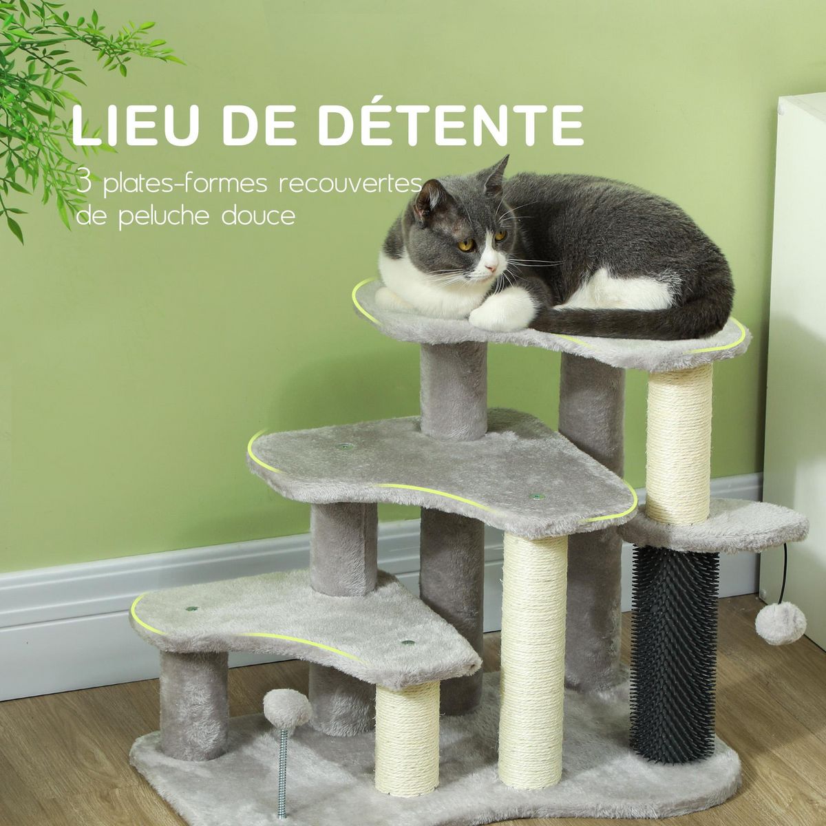 PAWHUT Arbre à chat 3 marches 3 griffoirs bande massante 2 jeux boules peluche gris clair