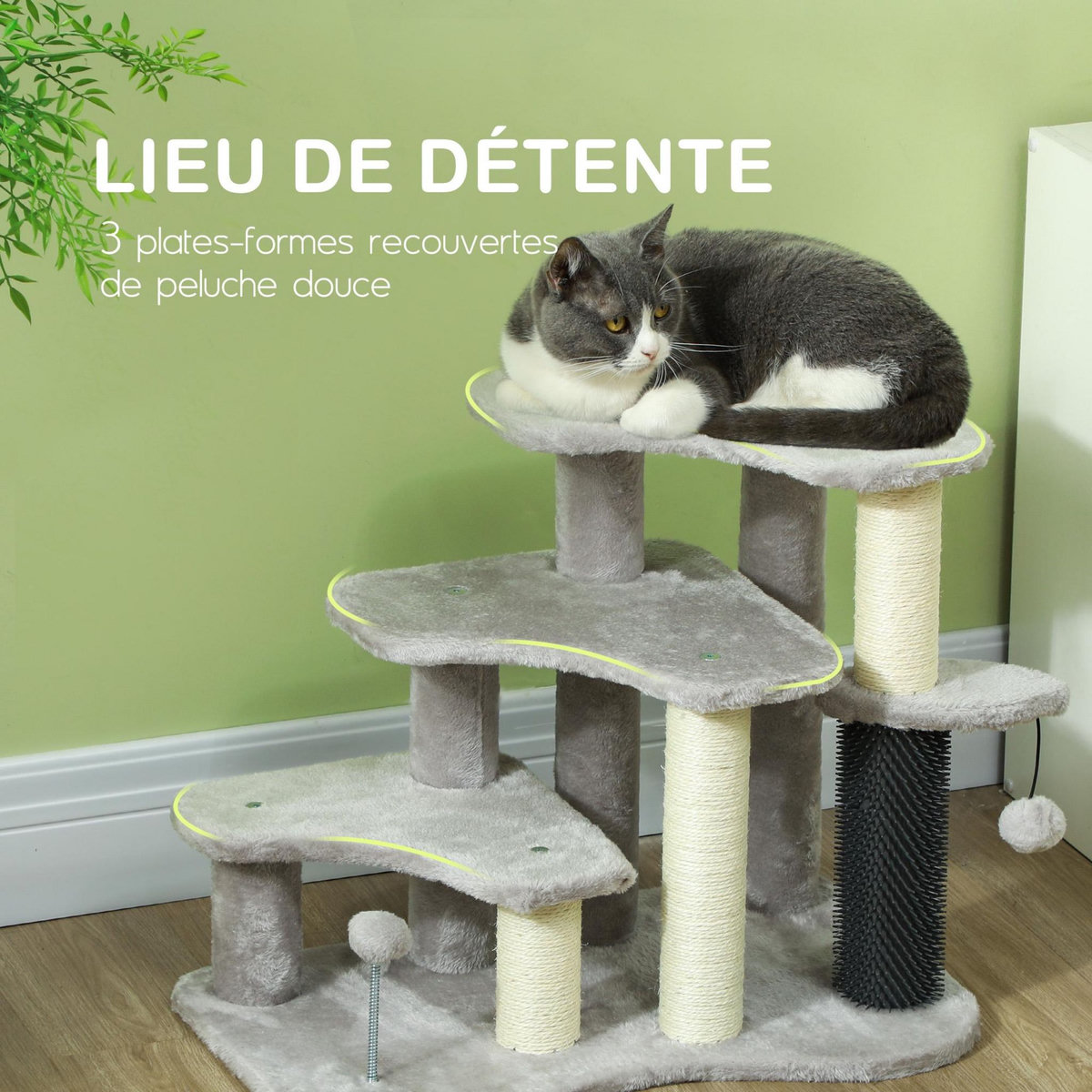 PAWHUT Arbre à chat 3 marches 3 griffoirs bande massante 2 jeux boules peluche gris clair