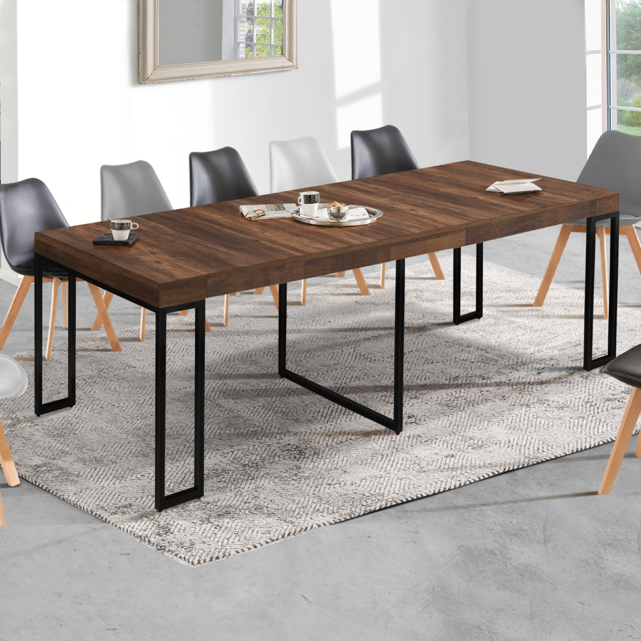 Voir la diapositive 2 : ID MARKET Table console extensible toronto 14 personnes 300 cm  bois foncé noyer design industriel