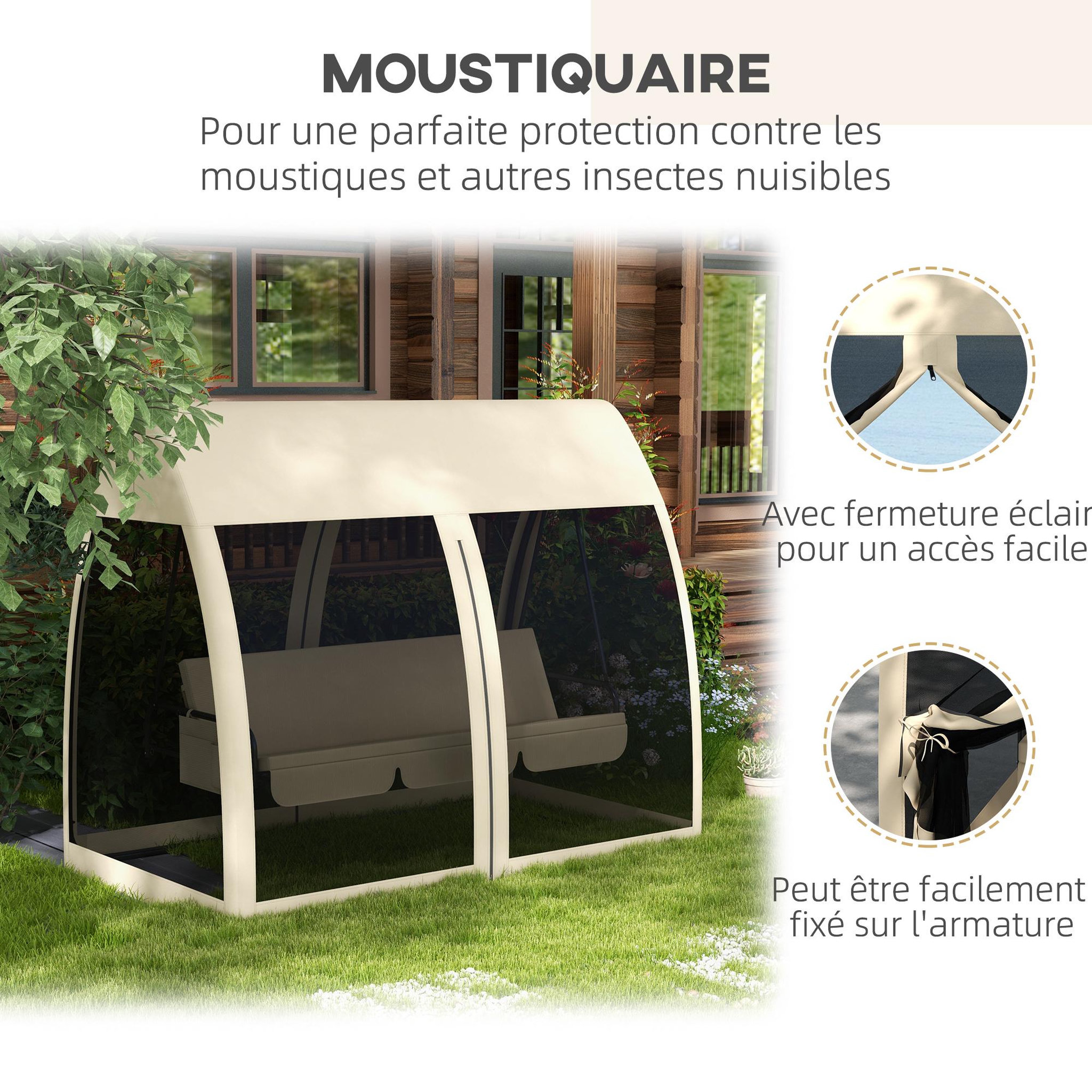 Voir la diapositive 5 : OUTSUNNY Balancelle de jardin convertible 3 places - matelas assise dossier, moustiquaire intégrale, toit - métal polyester beige