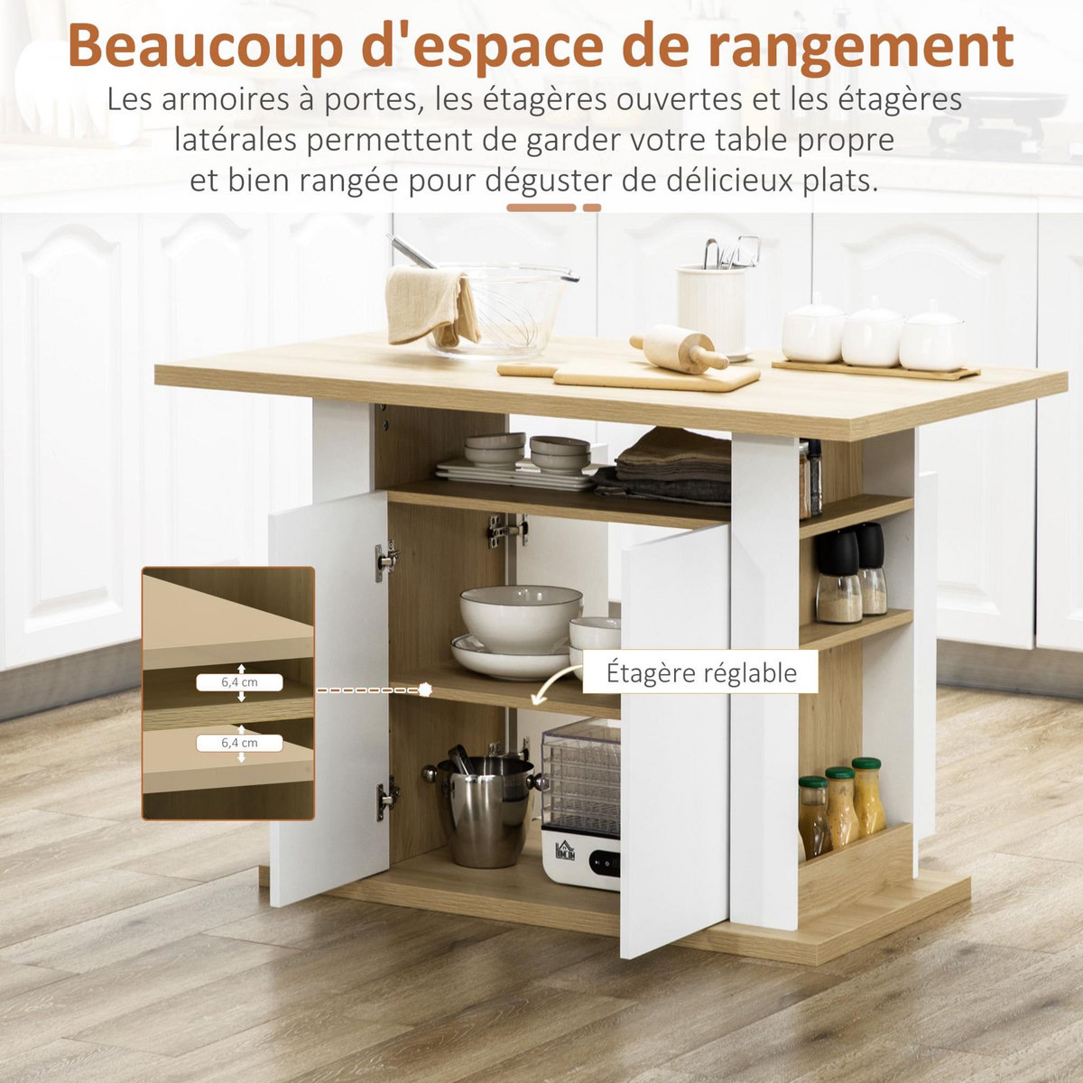 HOMCOM Table à manger ilot central cuisine 4-6 personnes blanc naturel