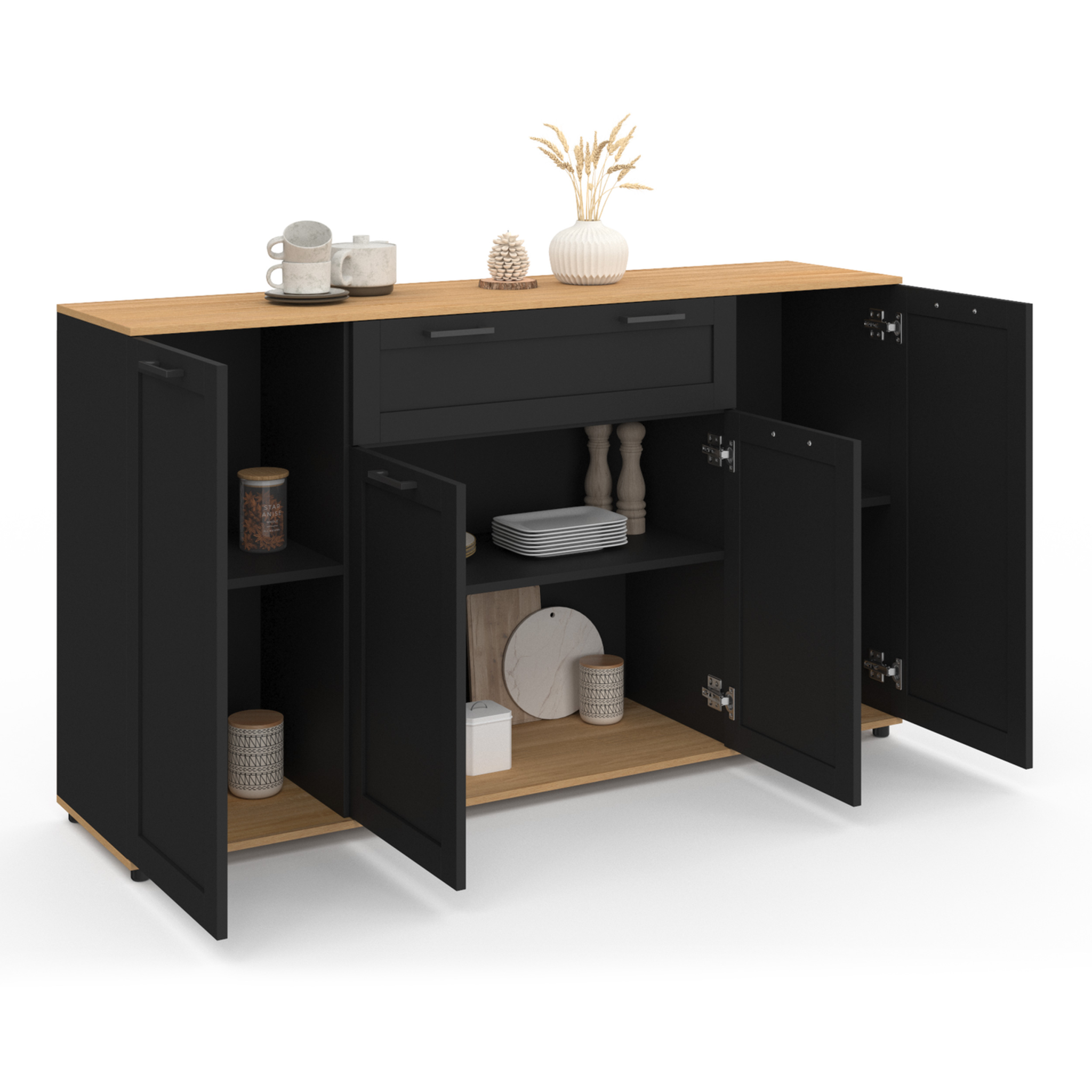 Voir la diapositive 4 : ID MARKET Buffet 140 cm vito 4 portes et 1 tiroir noir et bois