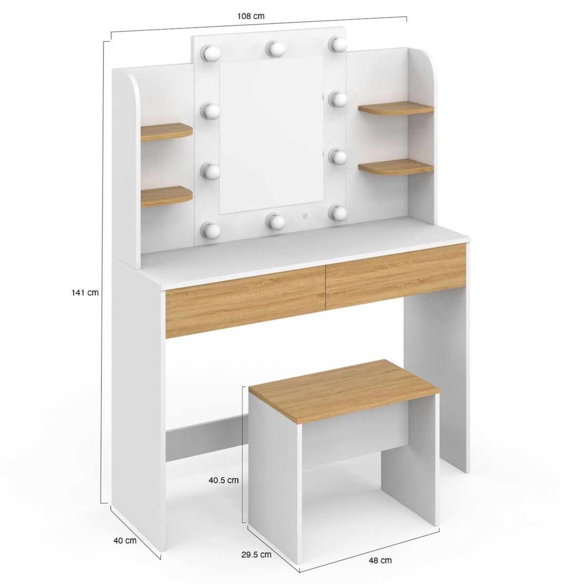 ID MARKET Coiffeuse ZELIA blanc et hêtre table de maquillage 4 étagères, miroir LED et tabouret