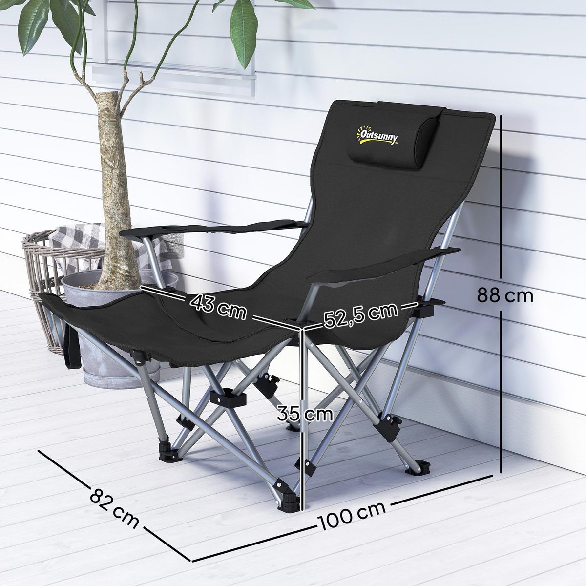 OUTSUNNY Chaise de camping pliante - repose-pied amovible, rangements - sac transport - noir