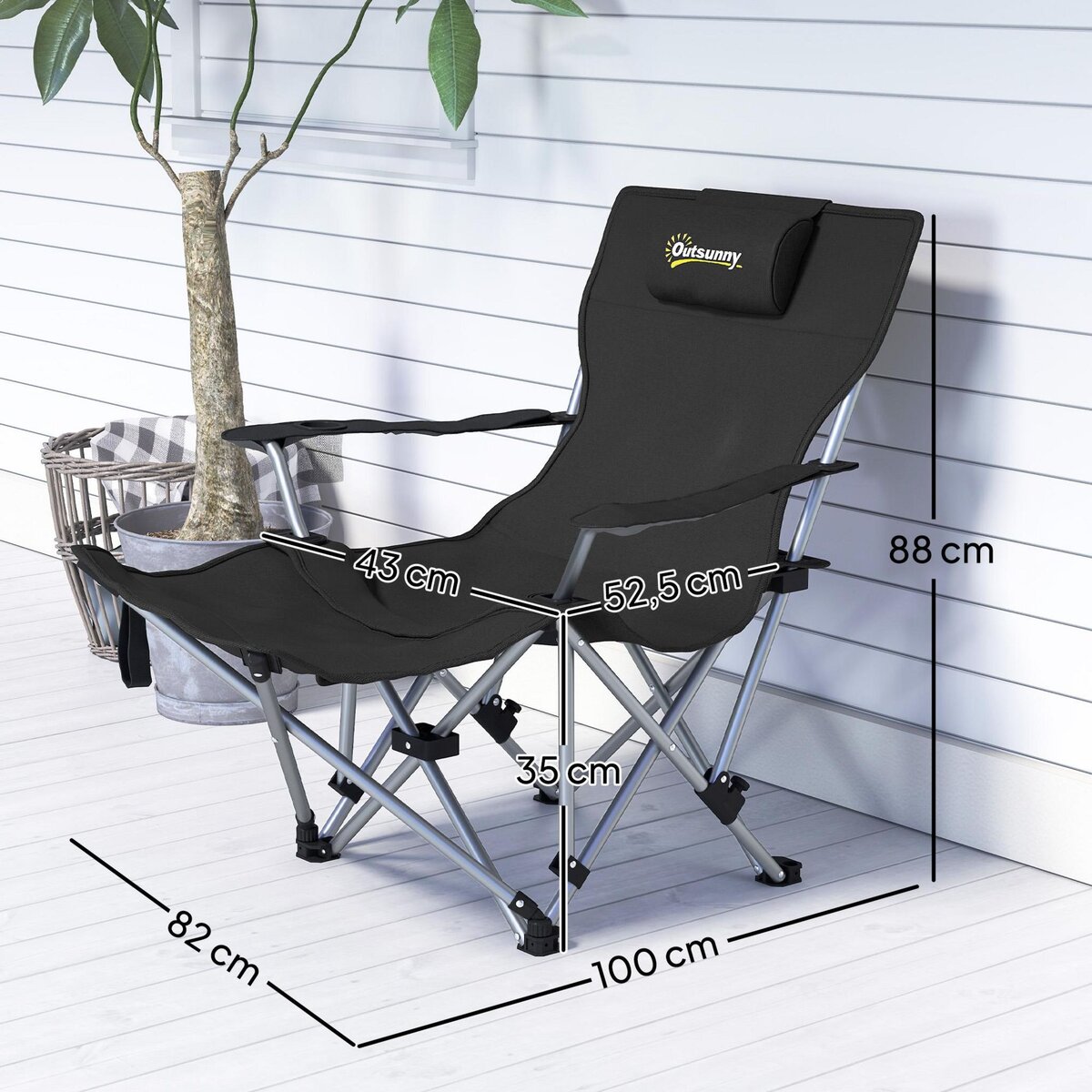 OUTSUNNY Chaise de camping pliante - repose-pied amovible, rangements - sac transport - noir
