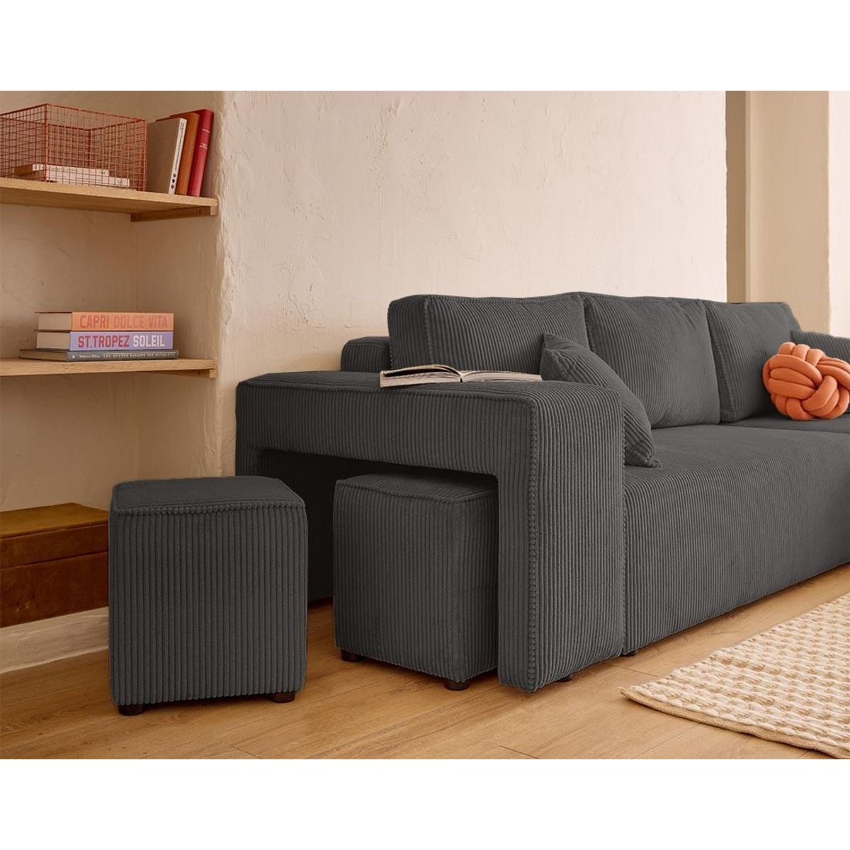 BEST MOBILIER Topaze - canapé d'angle réversible 4 places - convertible avec coffre, tablette et poufs - en velours côtelé