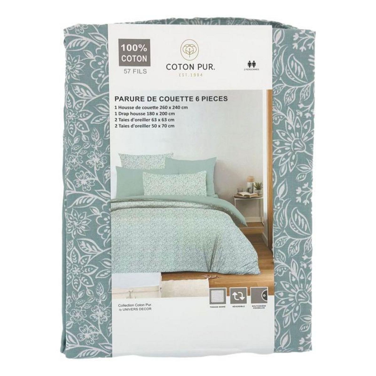 COTON PUR Pack complet housse de couette réversible pour lit 180 x 200 cm  King size  Céleste glacier