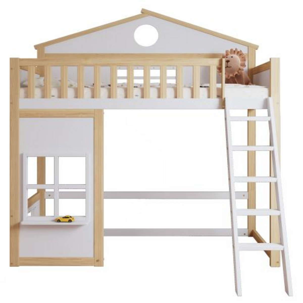 MERAX Lit combiné enfant 90x200cm coloris blanc+naturel bois massif