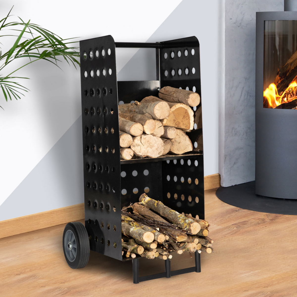 ID MARKET Chariot porte bûches acier noir 40 x 40 x 100,5 CM pour cheminée